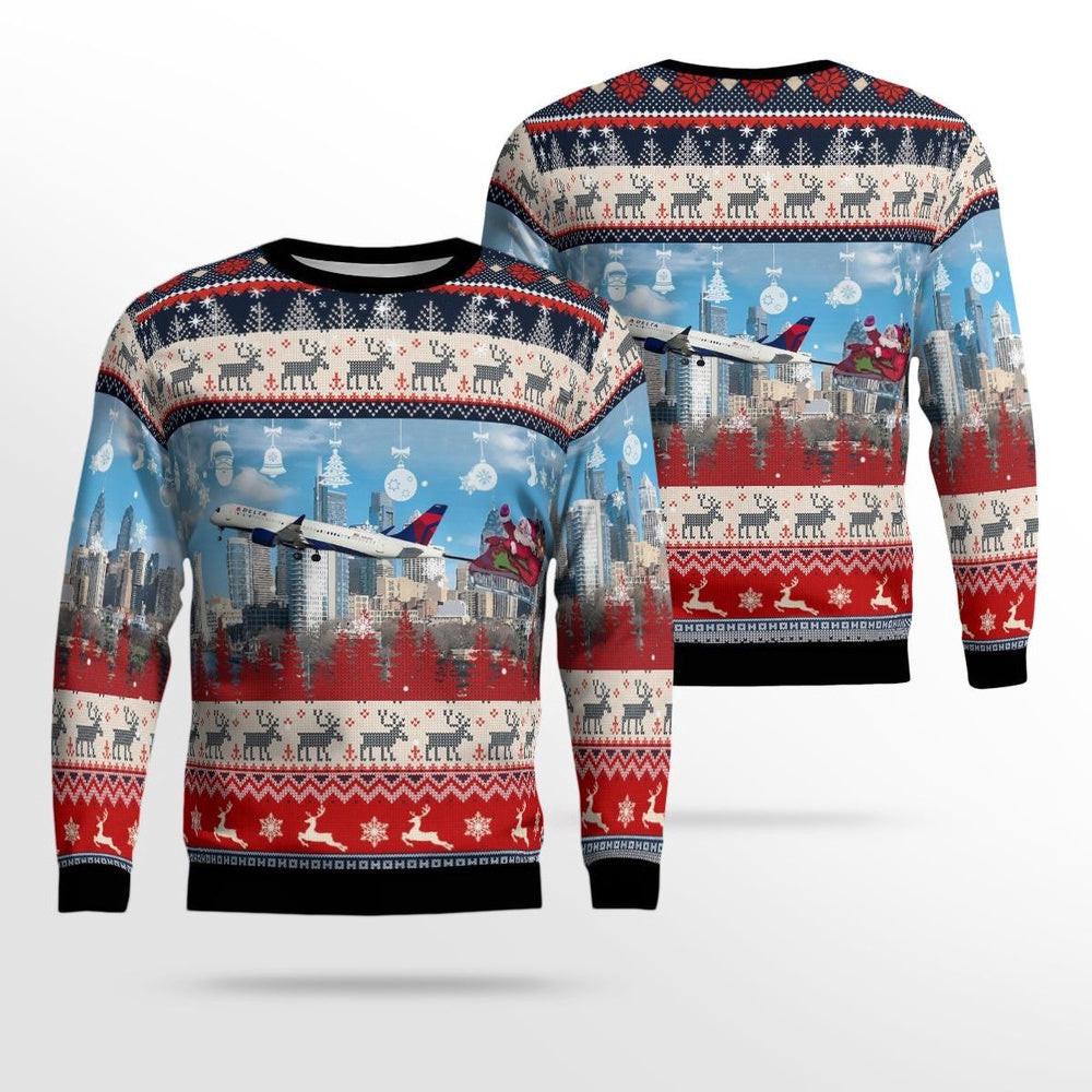 Delta Air Lines Airbus A220300 With Santa Over Philadelphia Christmas AOP Ugly Sweater Xmas Unisex Sweater Christmas Gifts For Men Women