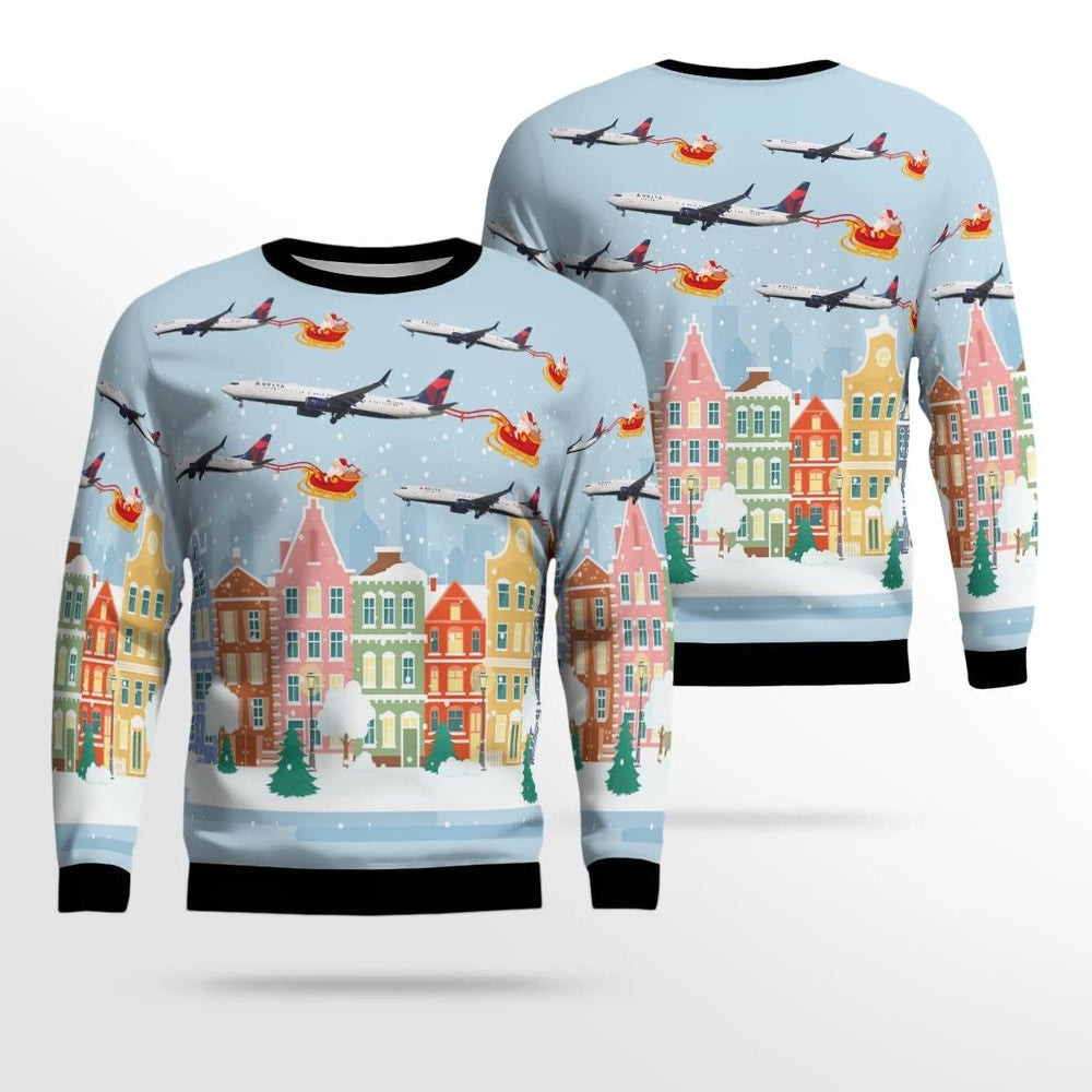 Delta Airlines Boeing 737900ER Christmas AOP Ugly Sweater Xmas Unisex Sweater Christmas Gifts For Men Women