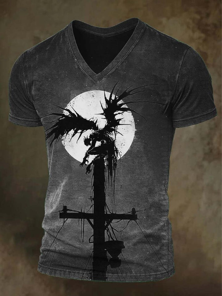 Demon Bat Creature V-Neck Shirt Cross Fantasy Horror Graphic Tee Halloween Spooky Gifts