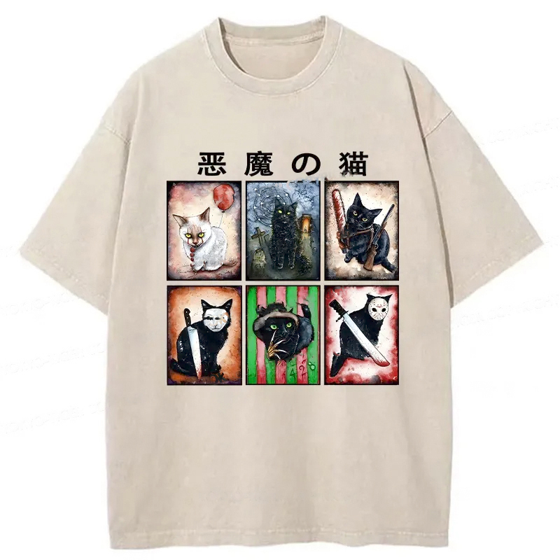 Demon Cat Washed T-Shirt Funny Aesthetic Trendy Apparel Gifts For Best Friend