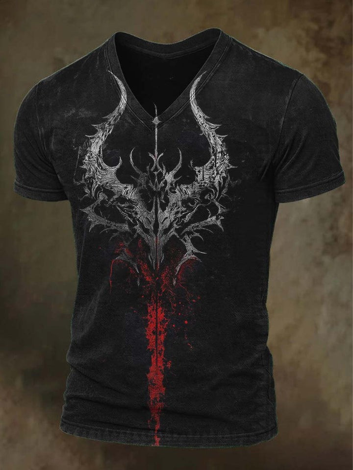 Demon Skull V-Neck Shirt Gothic Horror Dark Fantasy Tee Halloween Spooky Gifts