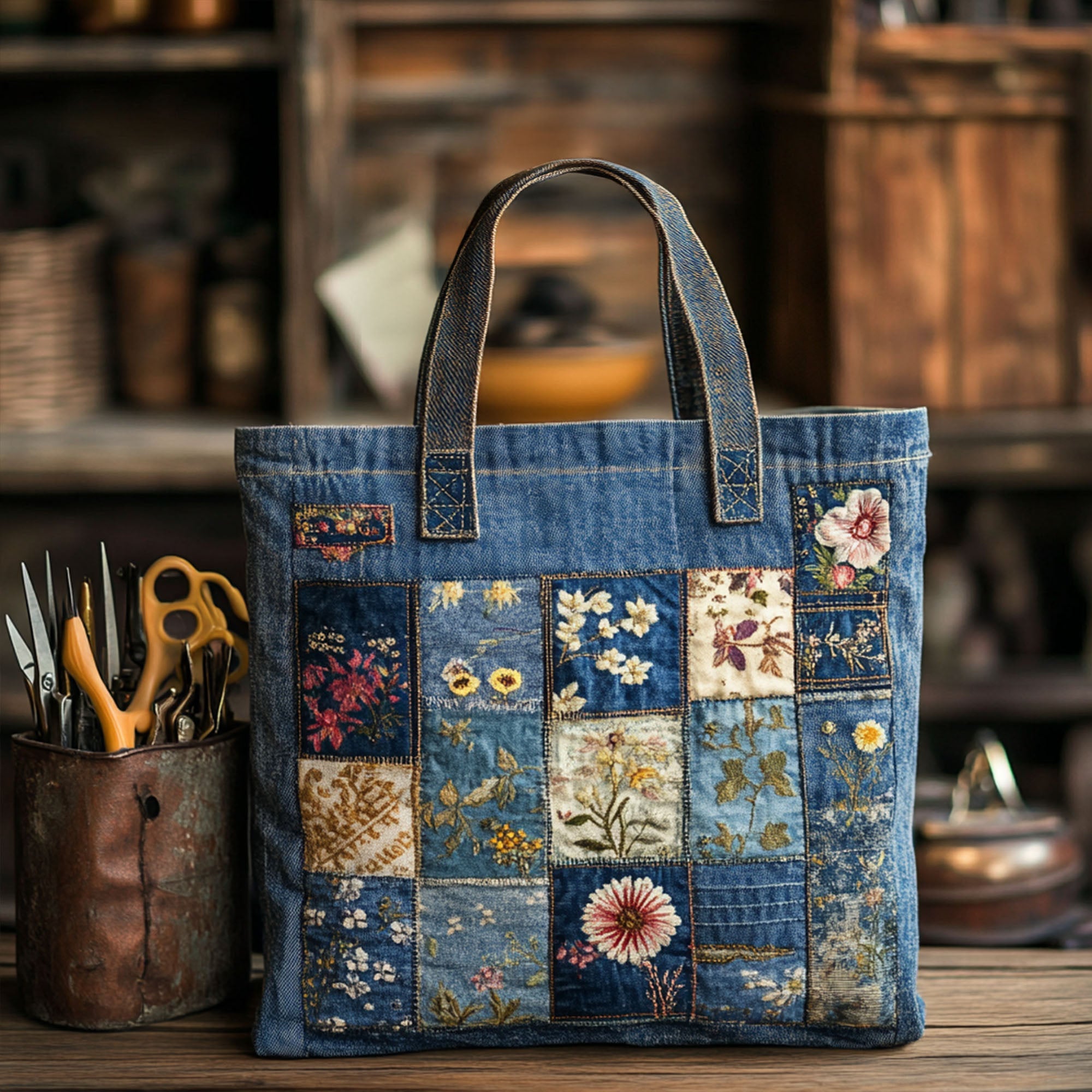 Denim Blossom Quilted Tote Bag Best Autumn Gifts