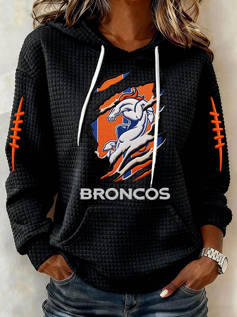 Denver Football Waffle Hoodie Game Day Apparel DB Strong Hoodie Gift Ideas For Football Lovers