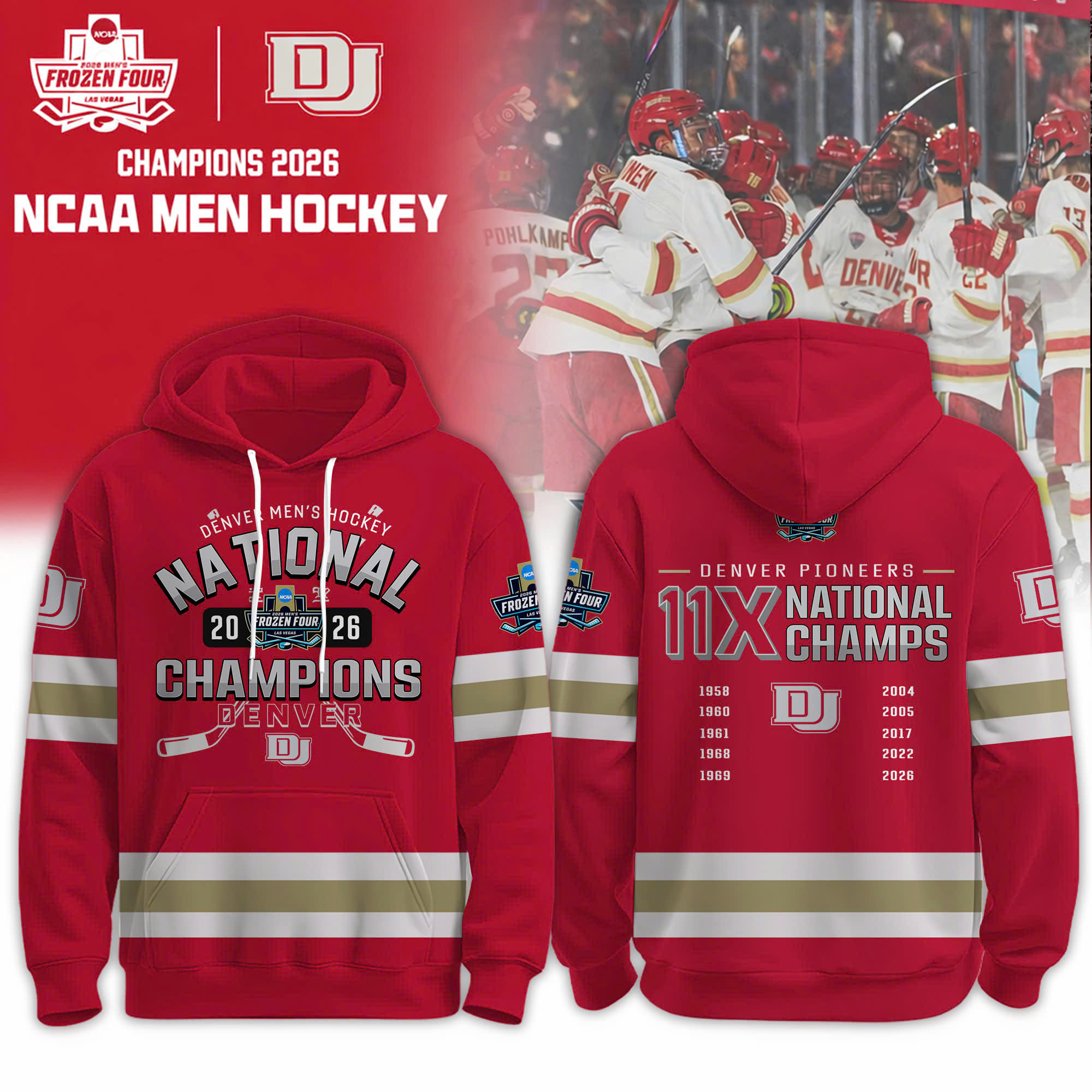 Denver Pioneers 2026 NCAA Men's Hockey Champions Hoodie Game Day Merch Hockey Fan Gear
