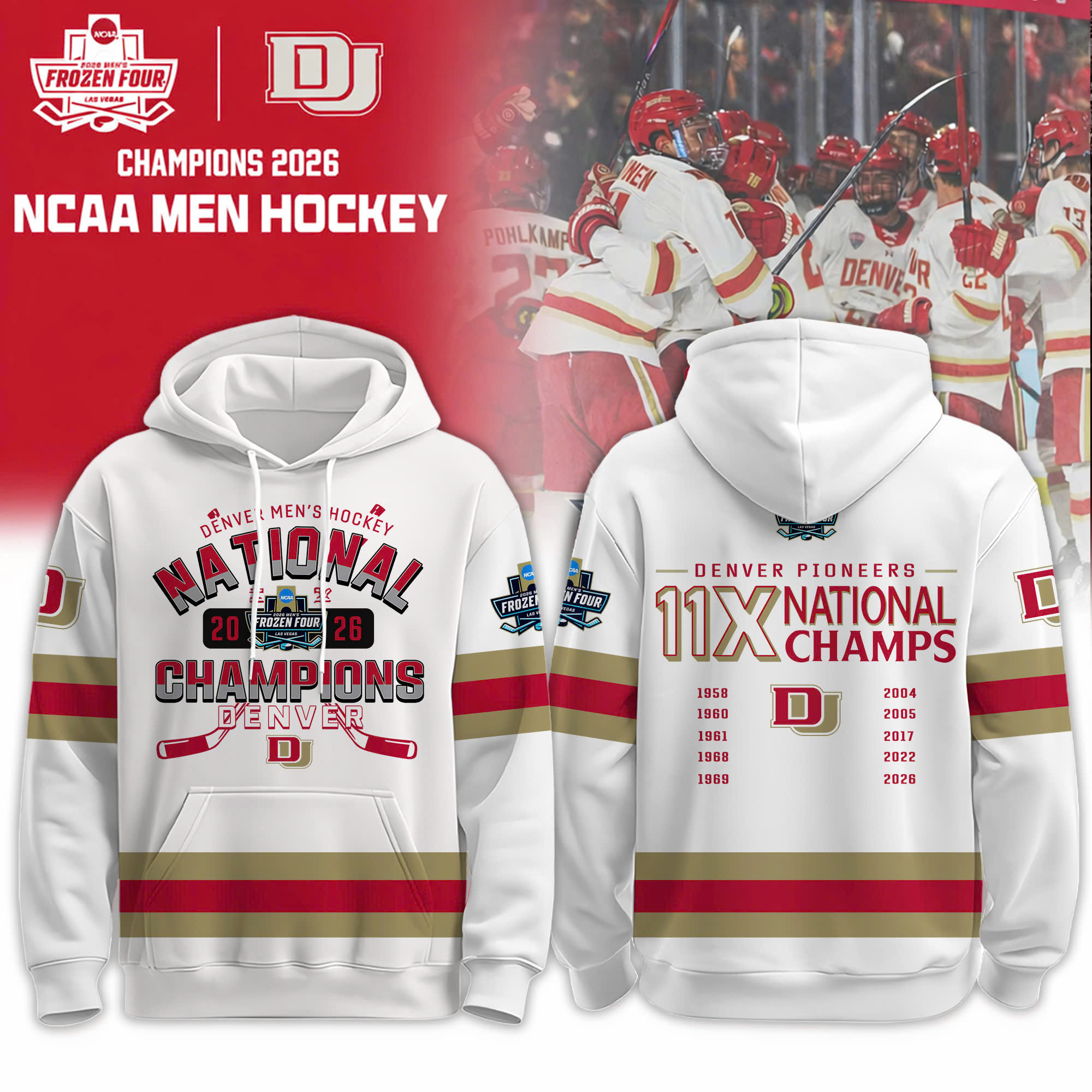Denver Pioneers 2026 NCAA Men's Hockey Champions Hoodie Hockey Merch Game Day Gear