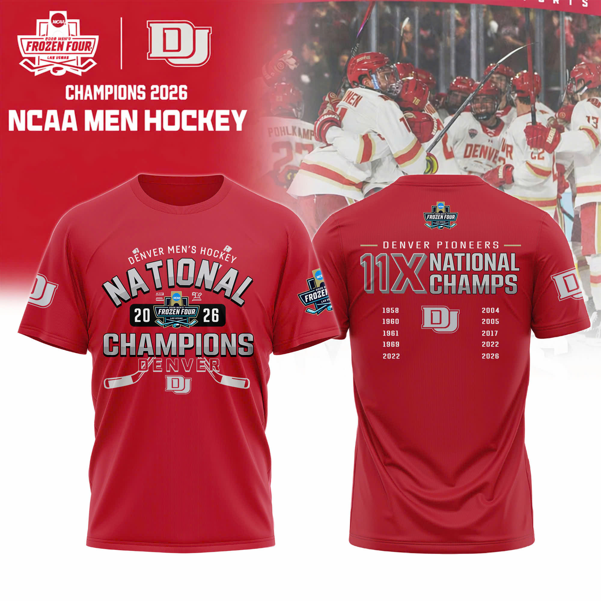 Denver Pioneers Men's Hockey 2026 National Champions T-Shirt 2026 NCAA I Men's Ice Hockey Merch