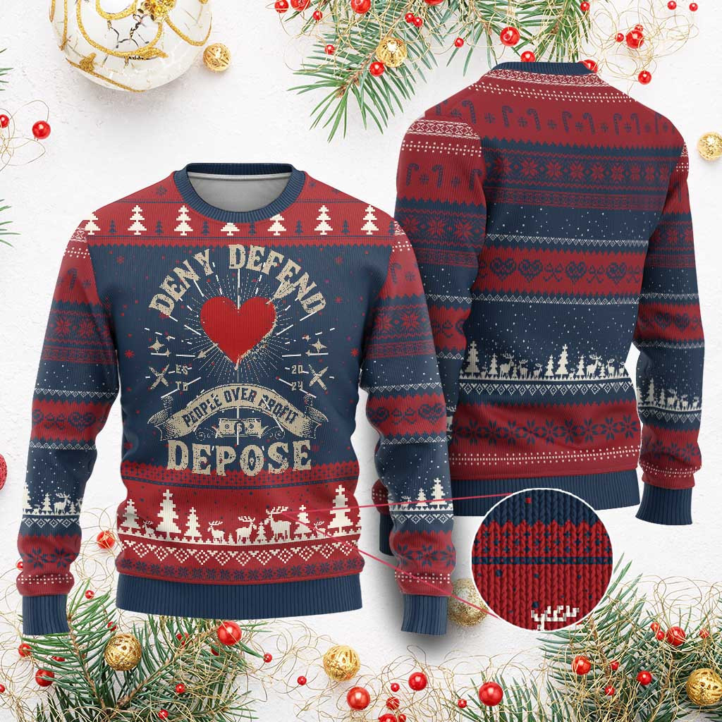 Deny Defend Depose People Over Profit Ugly Christmas Sweater Mens Funny Xmas Sweaters Ideas