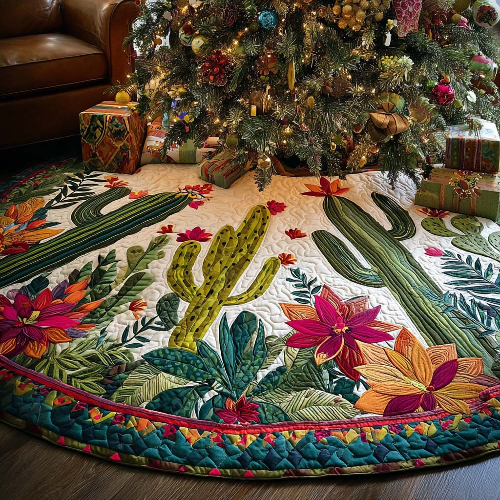 Desert Bloom Christmas Quilted Tree Skirt Nature Design Cactus Owner Christmas Gifts