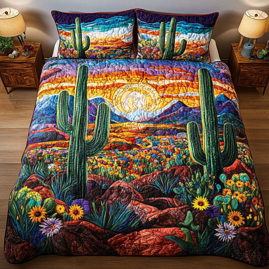 Desert Bloom Horizon Quilted Bedding Set Cozy Bedroom Decor Cactus Gifts For Her