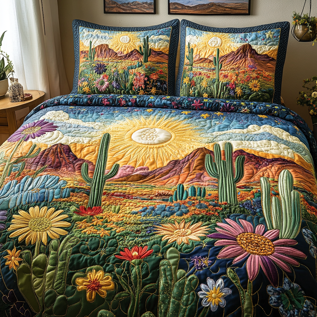 Desert Bloom Quilted Bedding Set Cozy Bedroom Decor Novelty Cactus Gifts