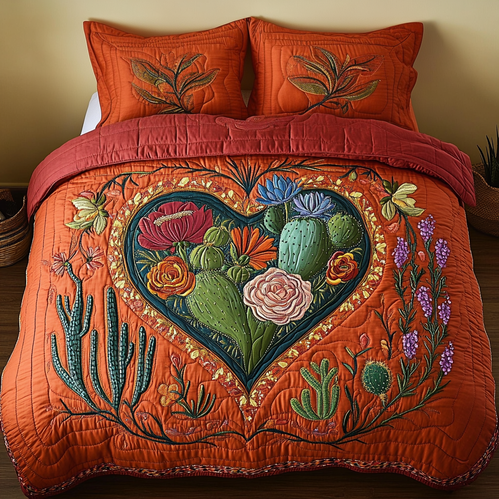 Desert Bloom Quilted Bedding Set Cozy Bedroom Decor Unique Cactus Gifts