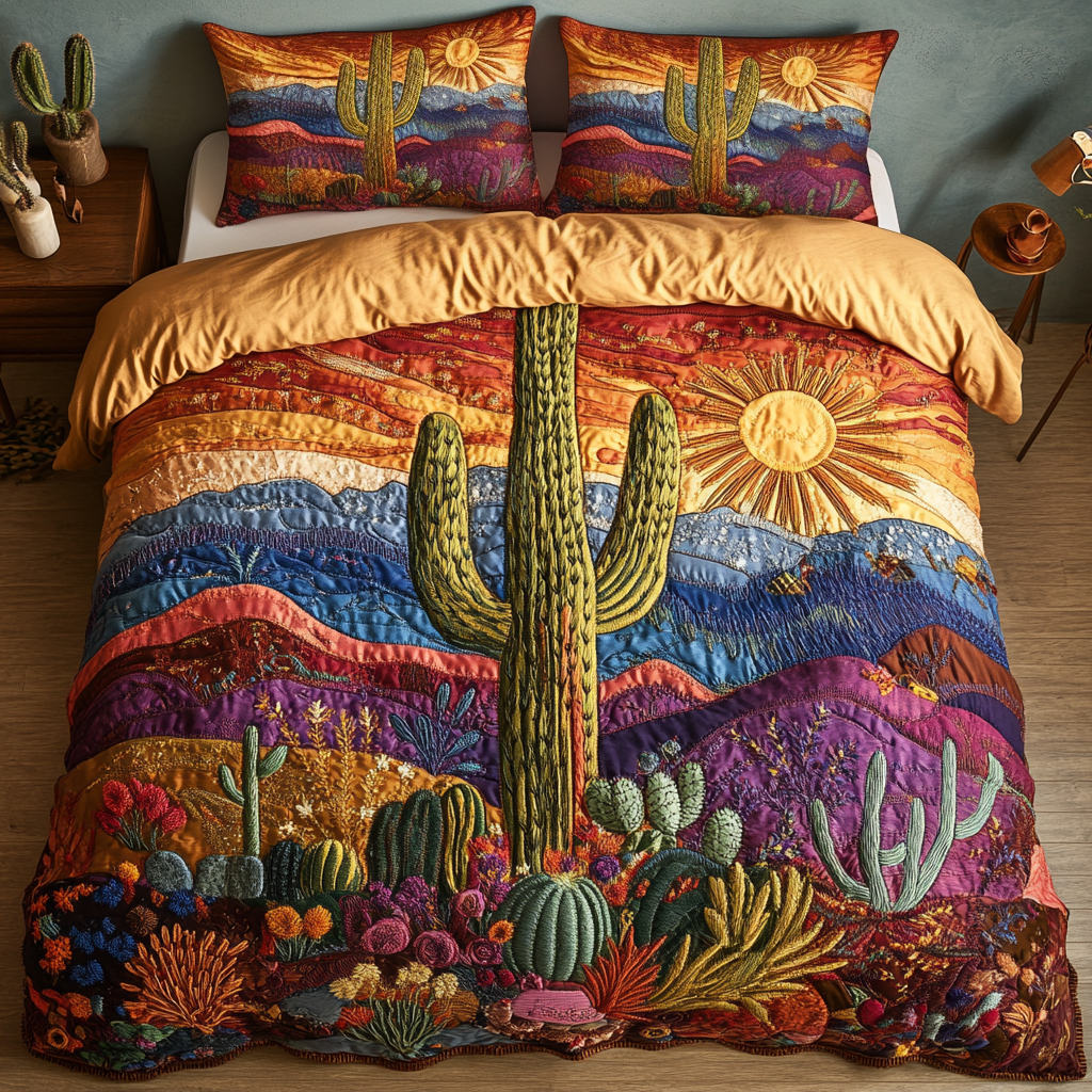Desert Bloom Quilted Bedding Set Holiday Season Duvet Cover Set Gifts For Cactus Lovers