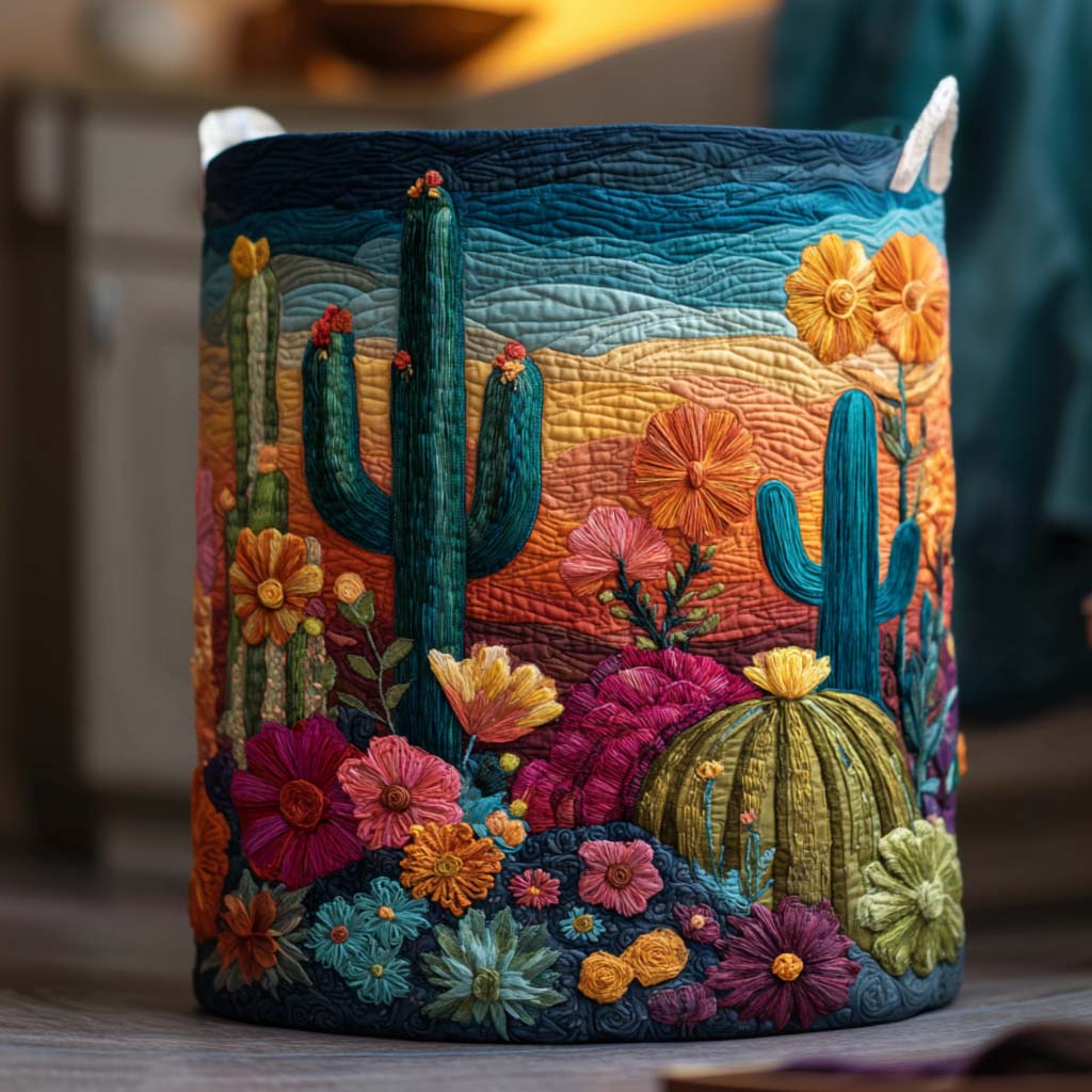 Desert Bloom Quilted Laundry Basket Luxury Quilted Storage Basket Gift for Home Decor Lovers
