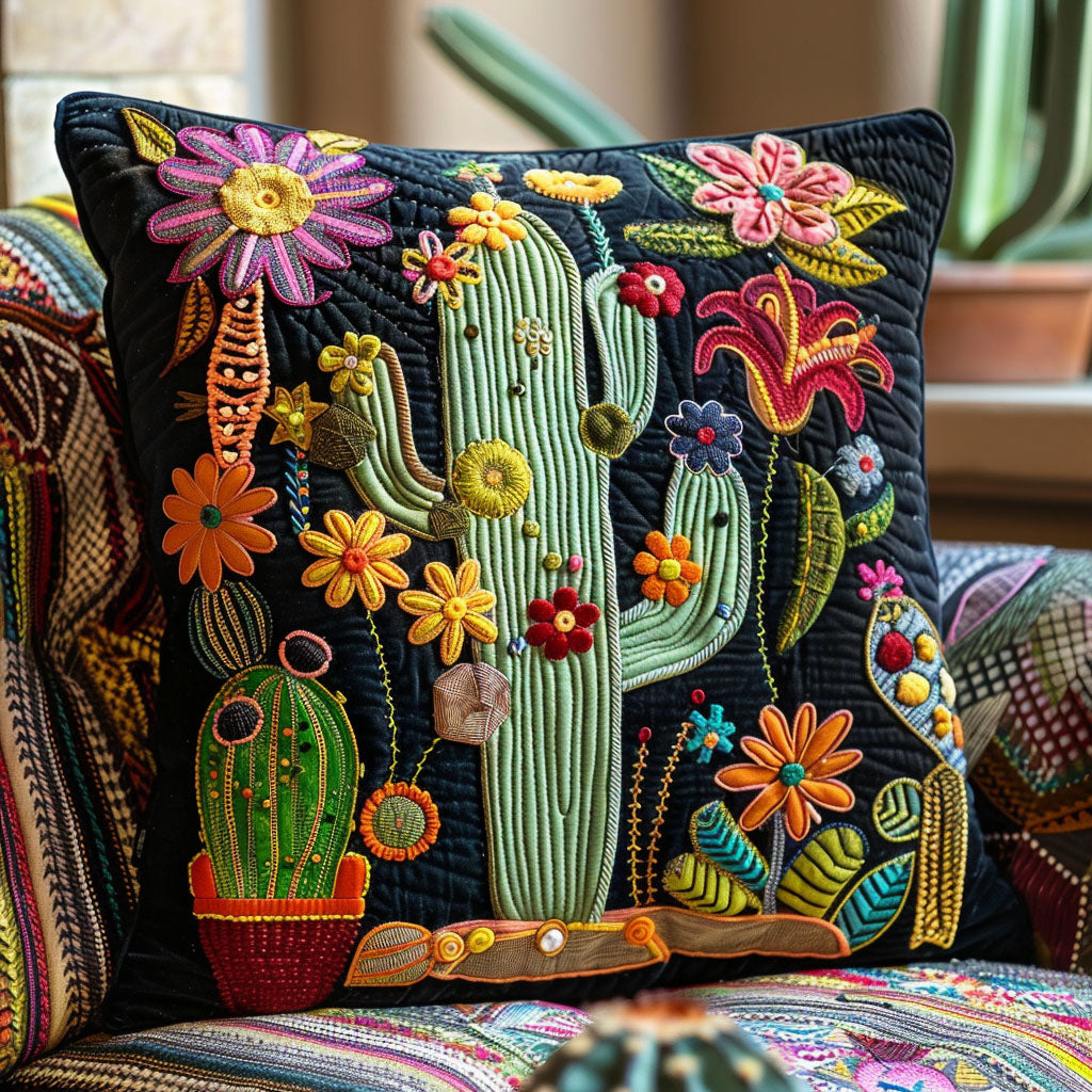 Desert Bloom Quilted Pillow Case Boho Home Decor Unique Gift For Cactus Lovers