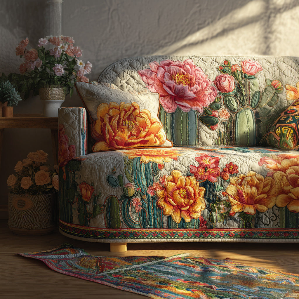 Desert Bloom Quilted Sofa Cover Living Room Winter Decor Gift For Coworker
