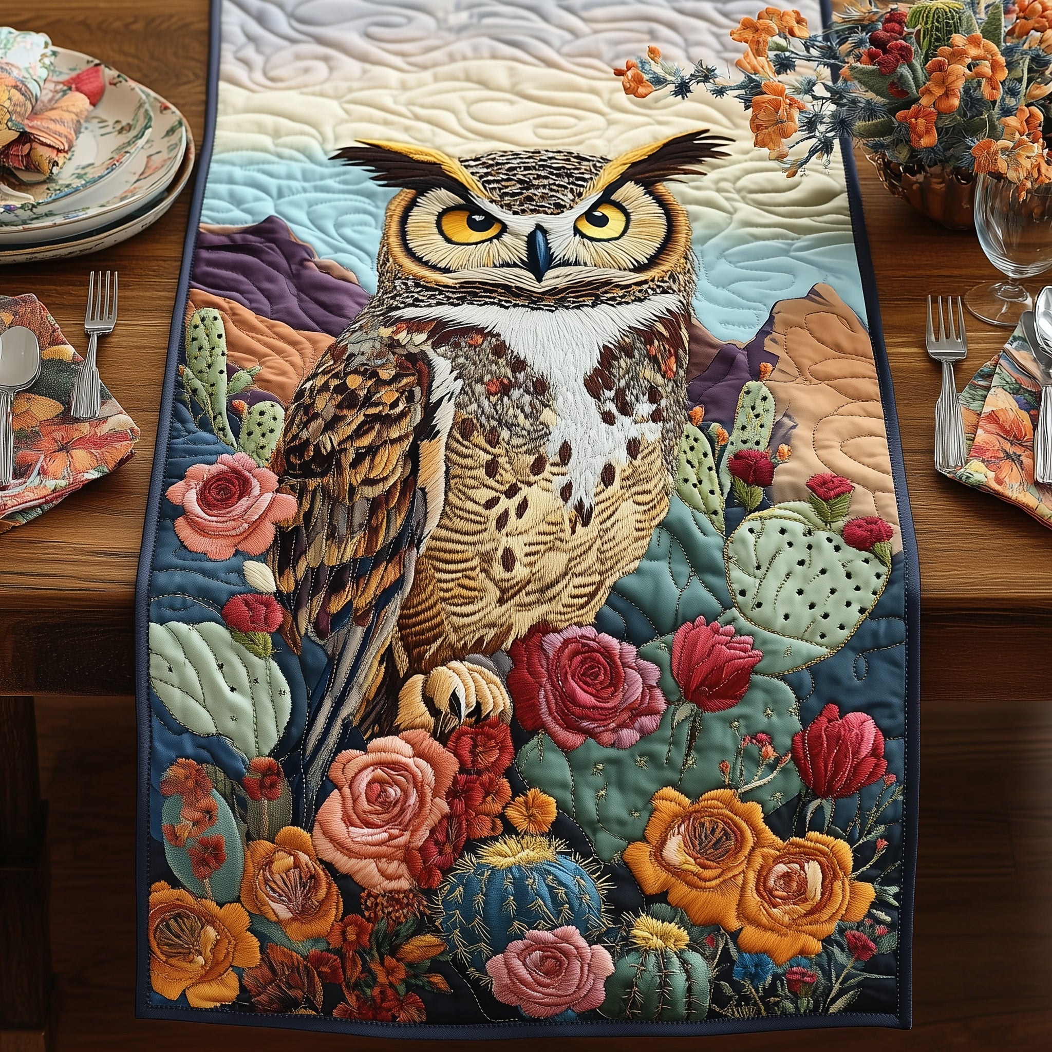 Desert Bloom Watcher Quilted Table Runner Winter Table Runner