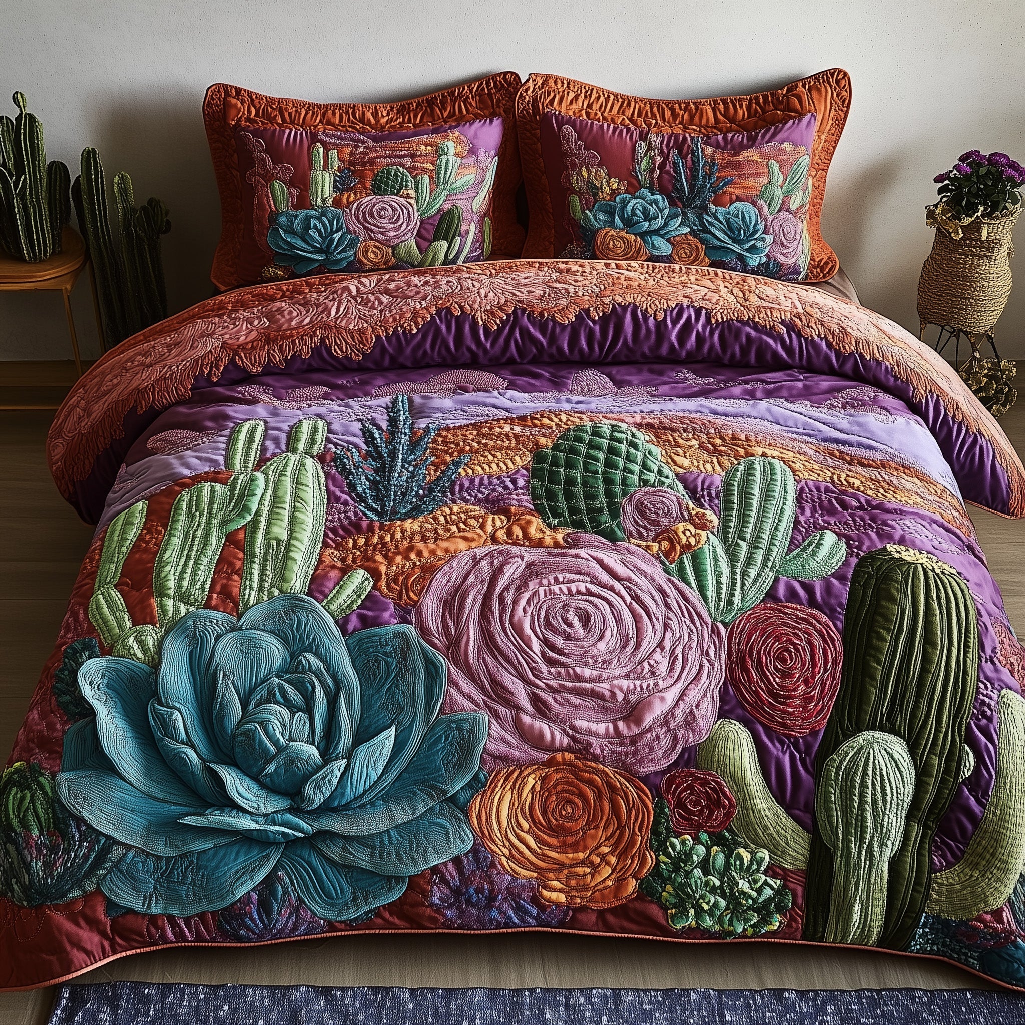 Desert Blooming Quilted Bedding Set Duvet Cover Bedspread Best Cactus Gifts Plant
