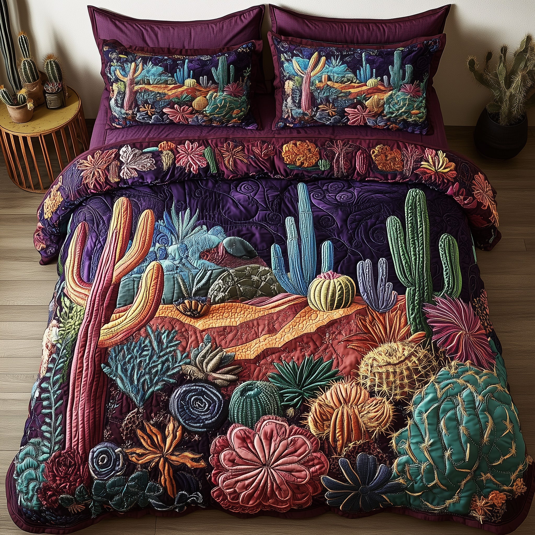 Desert Blooming Quilted Bedding Set Duvet Cover Bedspread Cactus Birthday Gift