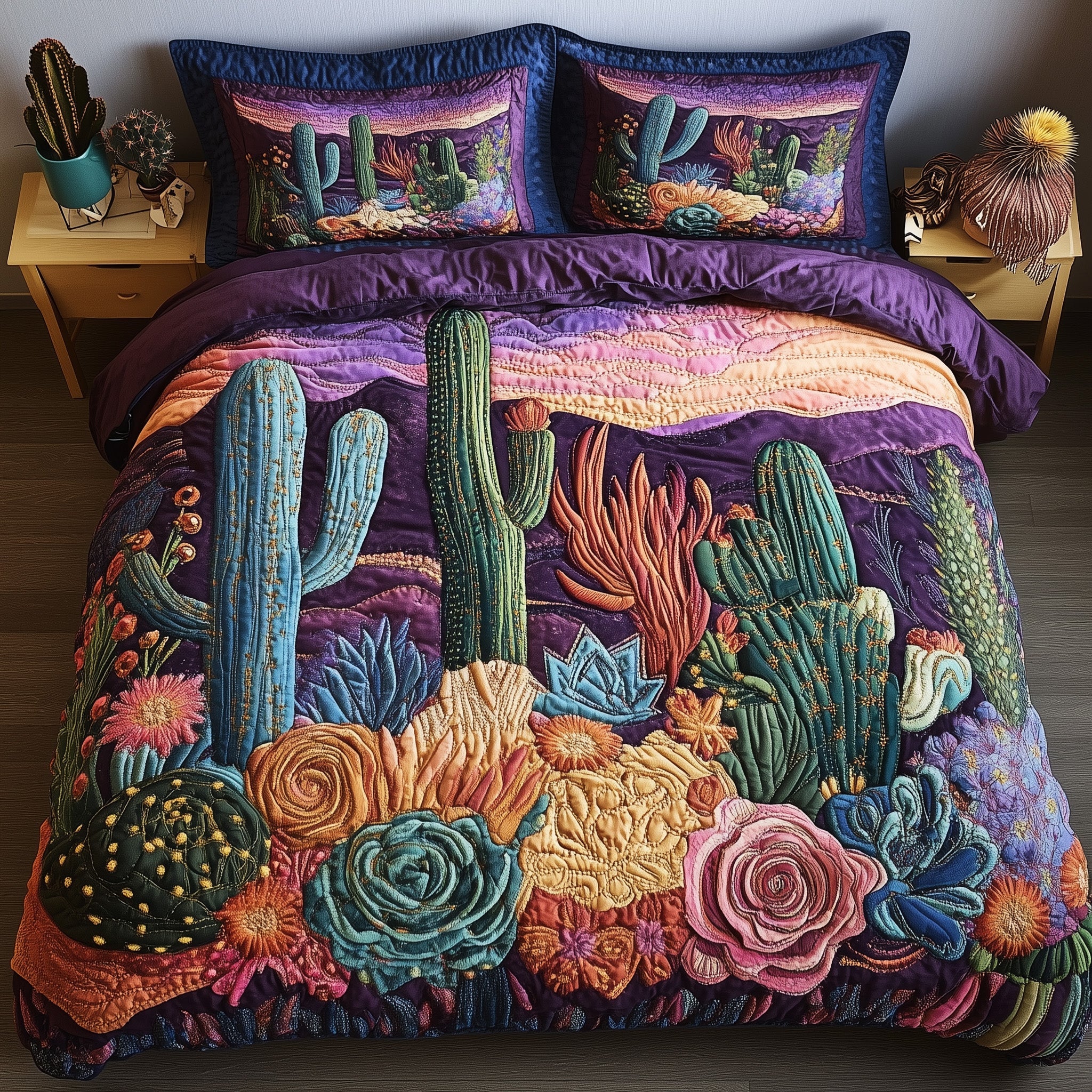 Desert Blooming Quilted Bedding Set Duvet Cover Bedspread Cactus For Birthday Gift