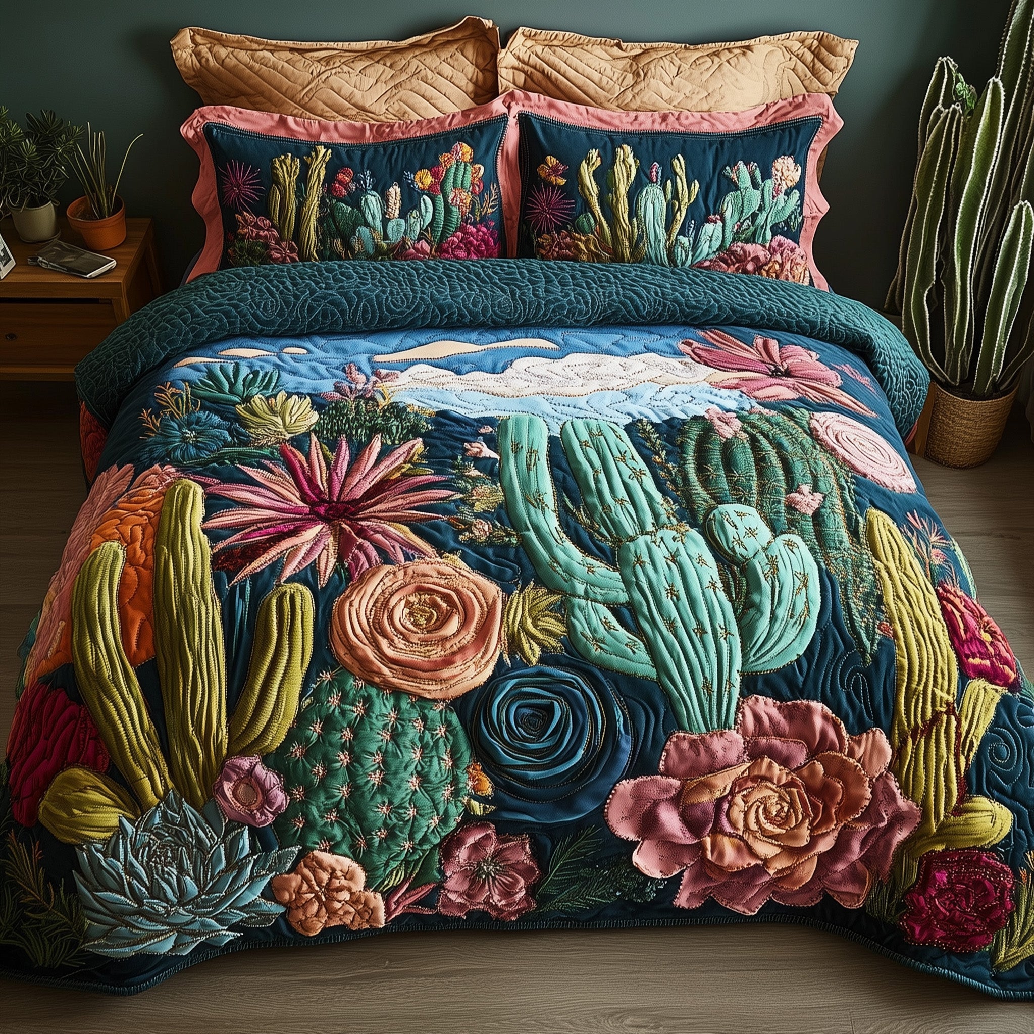 Desert Blooming Quilted Bedding Set Duvet Cover Bedspread Cactus Gifts For Him