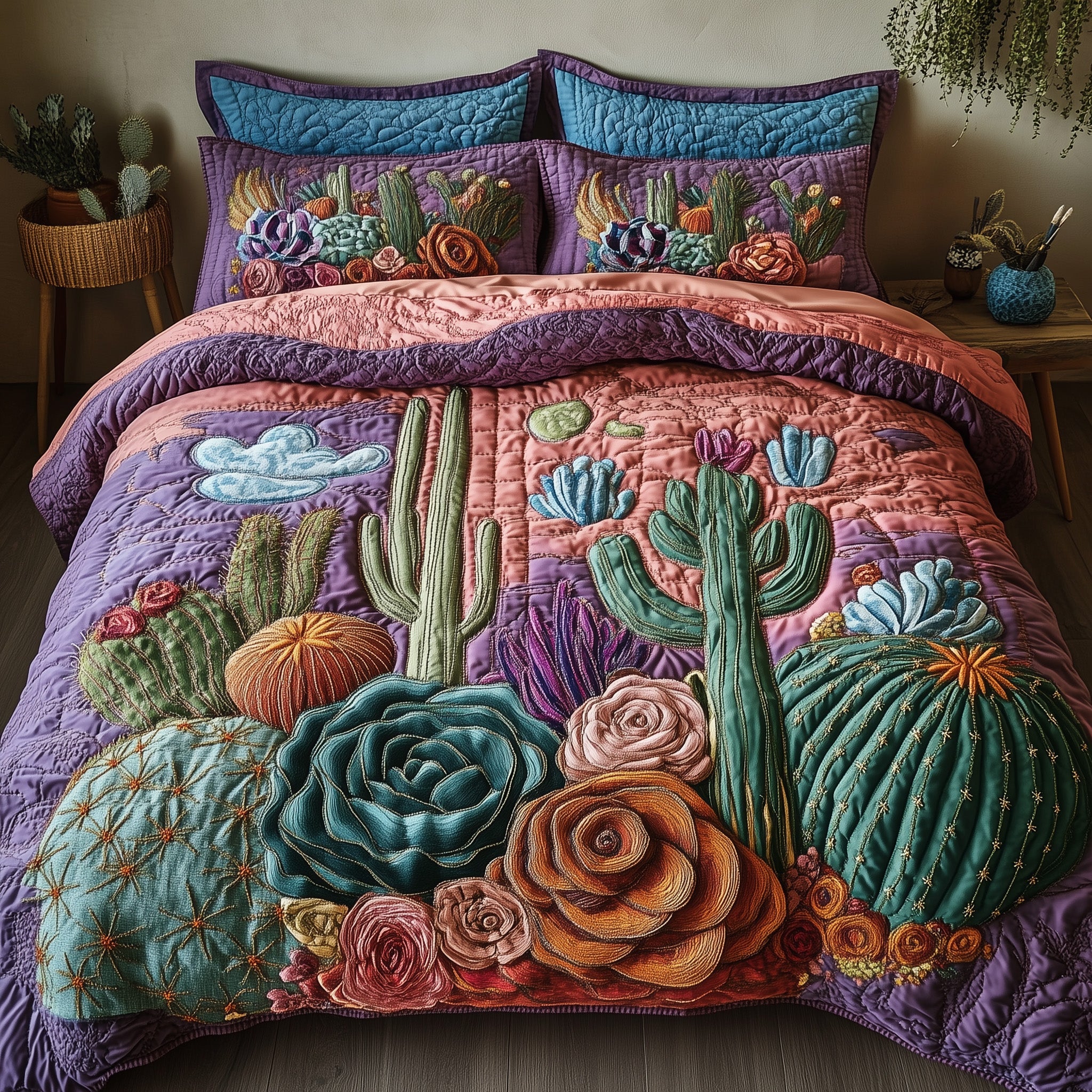 Desert Blooming Quilted Bedding Set Duvet Cover Bedspread Cactus Housewarming Gift