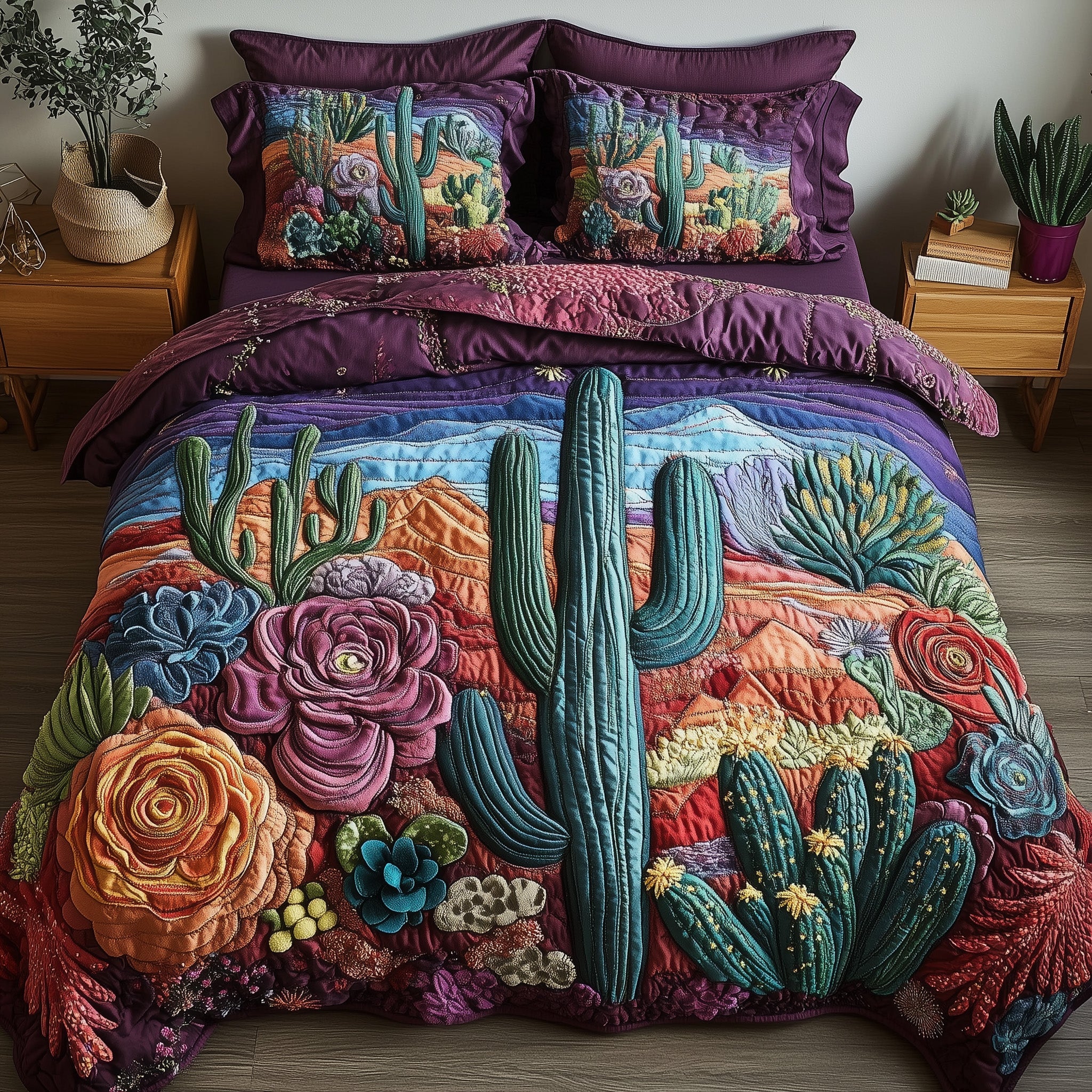 Desert Blooming Quilted Bedding Set Duvet Cover Bedspread Cactus Inspired Gifts Plant