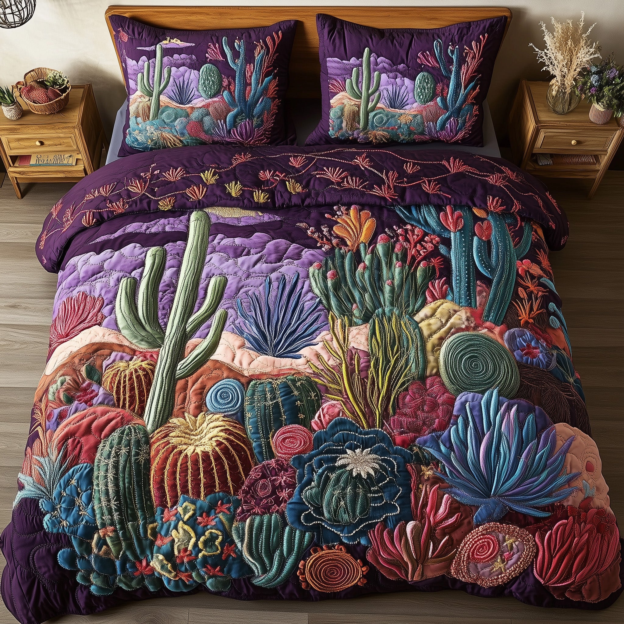 Desert Blooming Quilted Bedding Set Duvet Cover Bedspread Cactus Related Gifts