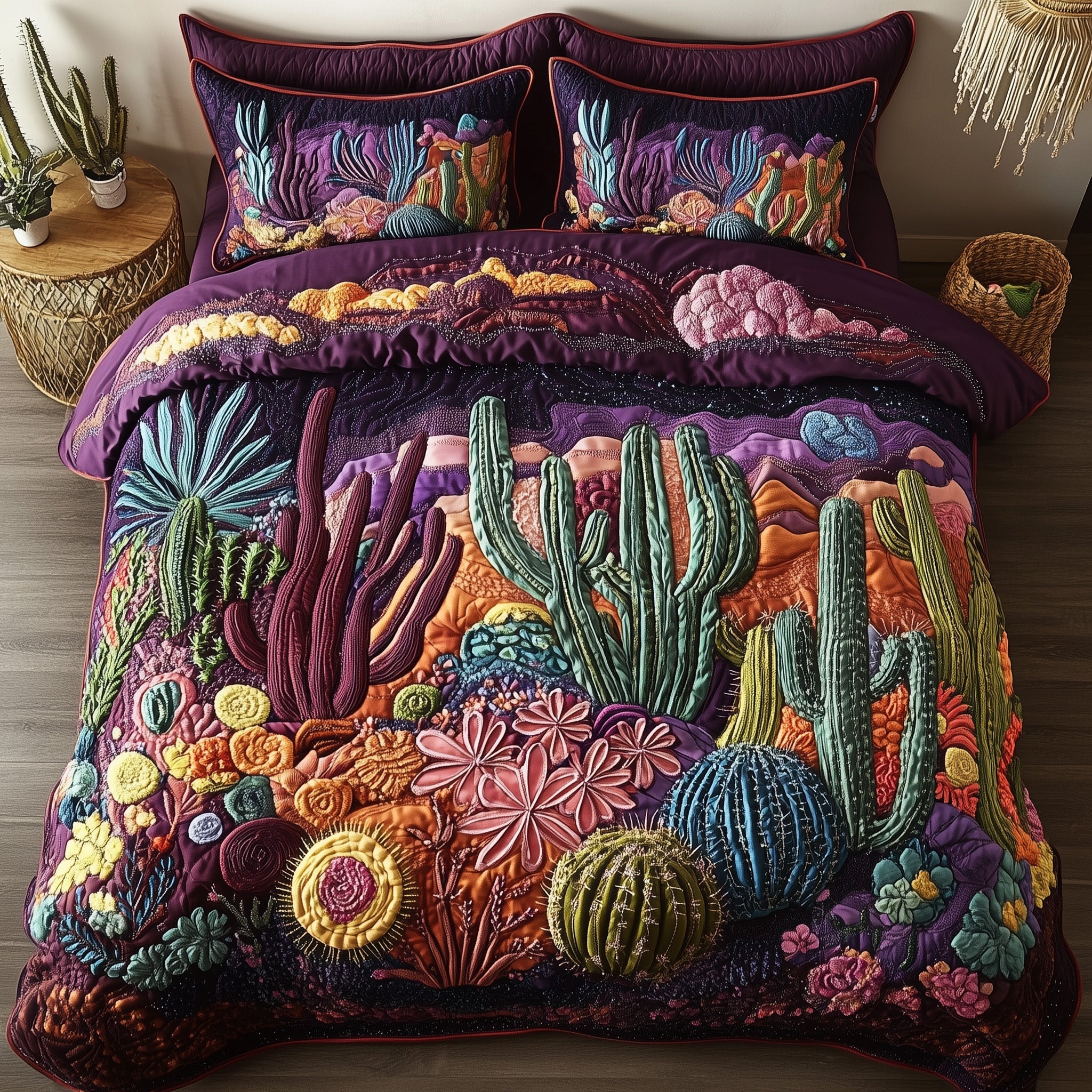 Desert Blooming Quilted Bedding Set Duvet Cover Bedspread Cactus Theme Gifts