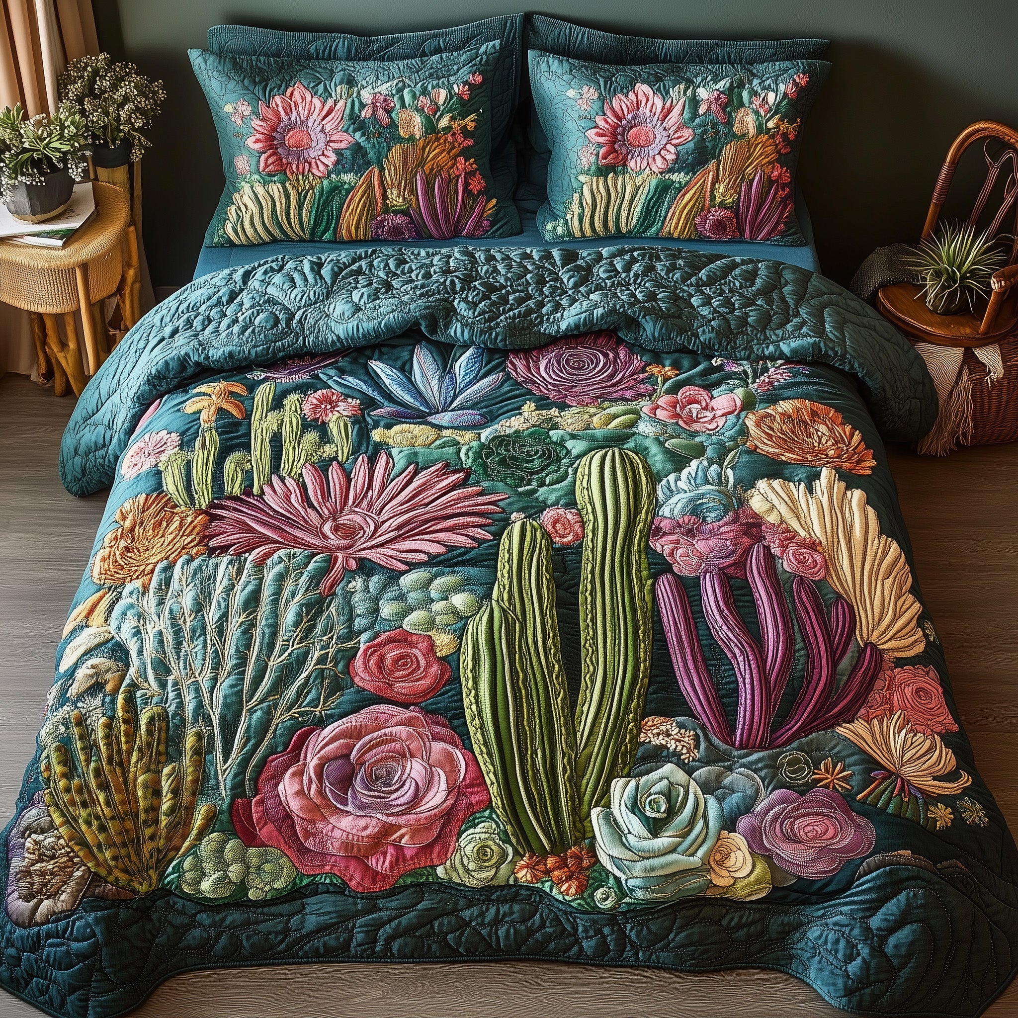 Desert Blooming Quilted Bedding Set Duvet Cover Bedspread Cactus Themed Gifts