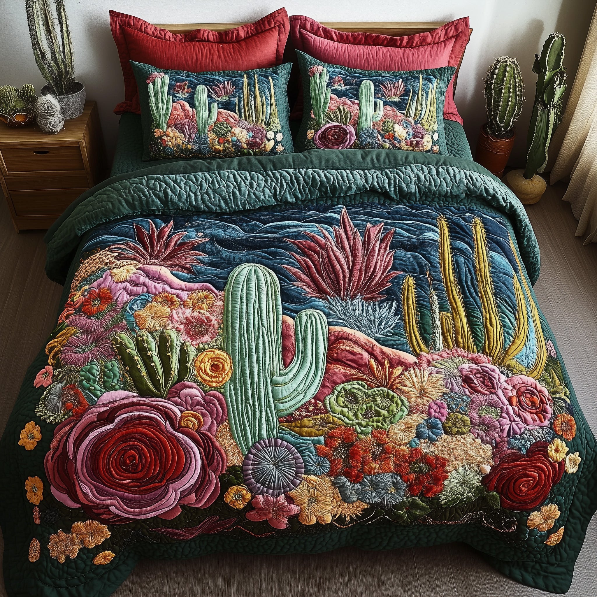 Desert Blooming Quilted Bedding Set Duvet Cover Bedspread Cute Cactus Gifts