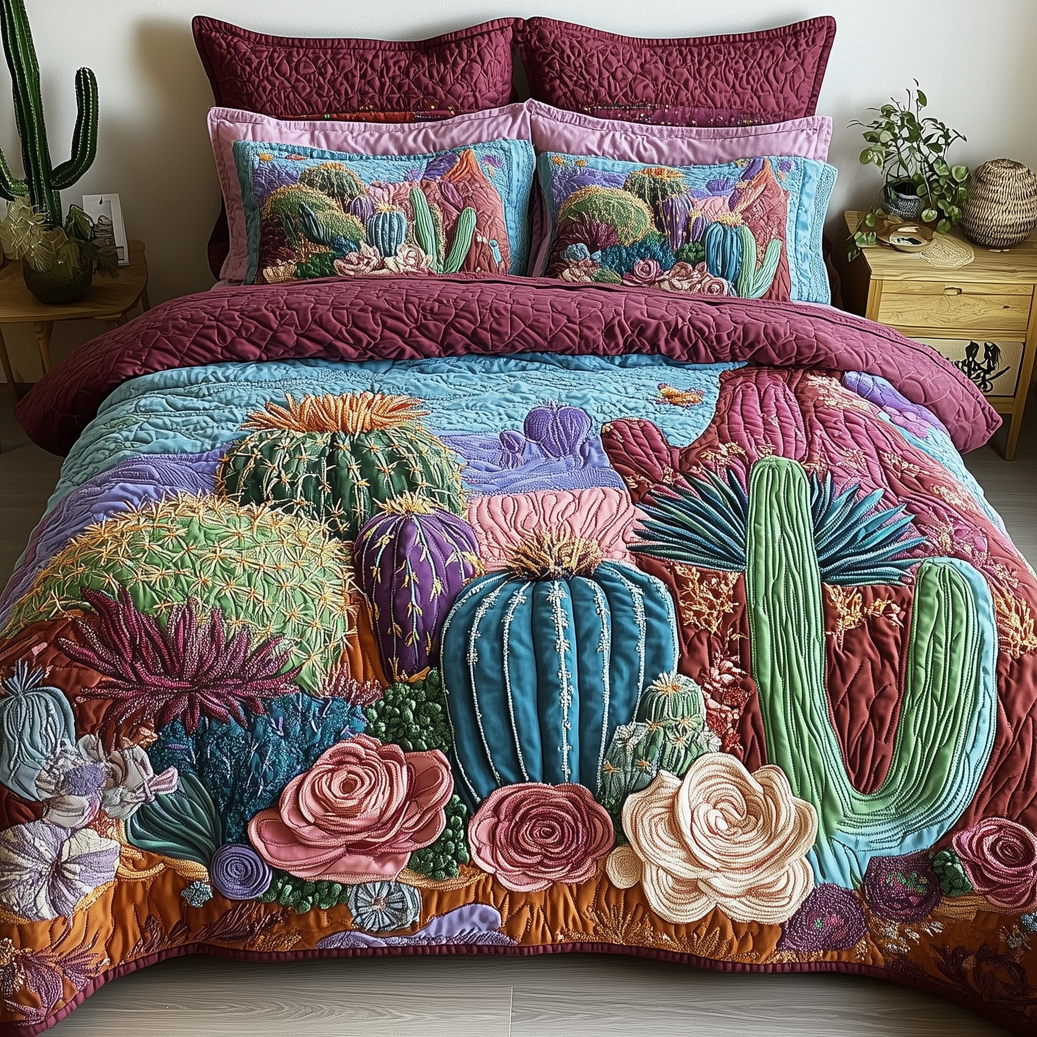 Desert Blooming Quilted Bedding Set Duvet Cover Bedspread Unique Cactus Gifts