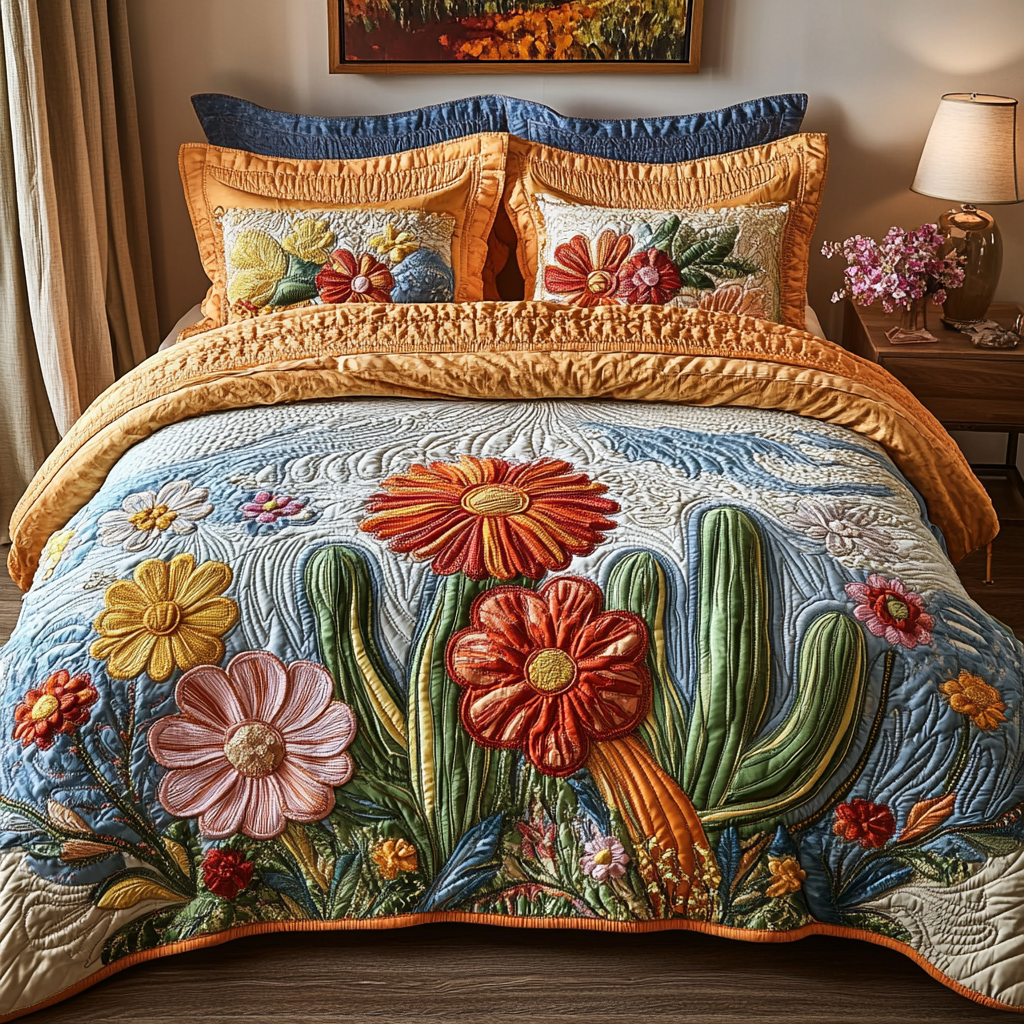 Desert Blush Quilted Bedding Set Cute Room Decor Cactus Gifts For Ladies