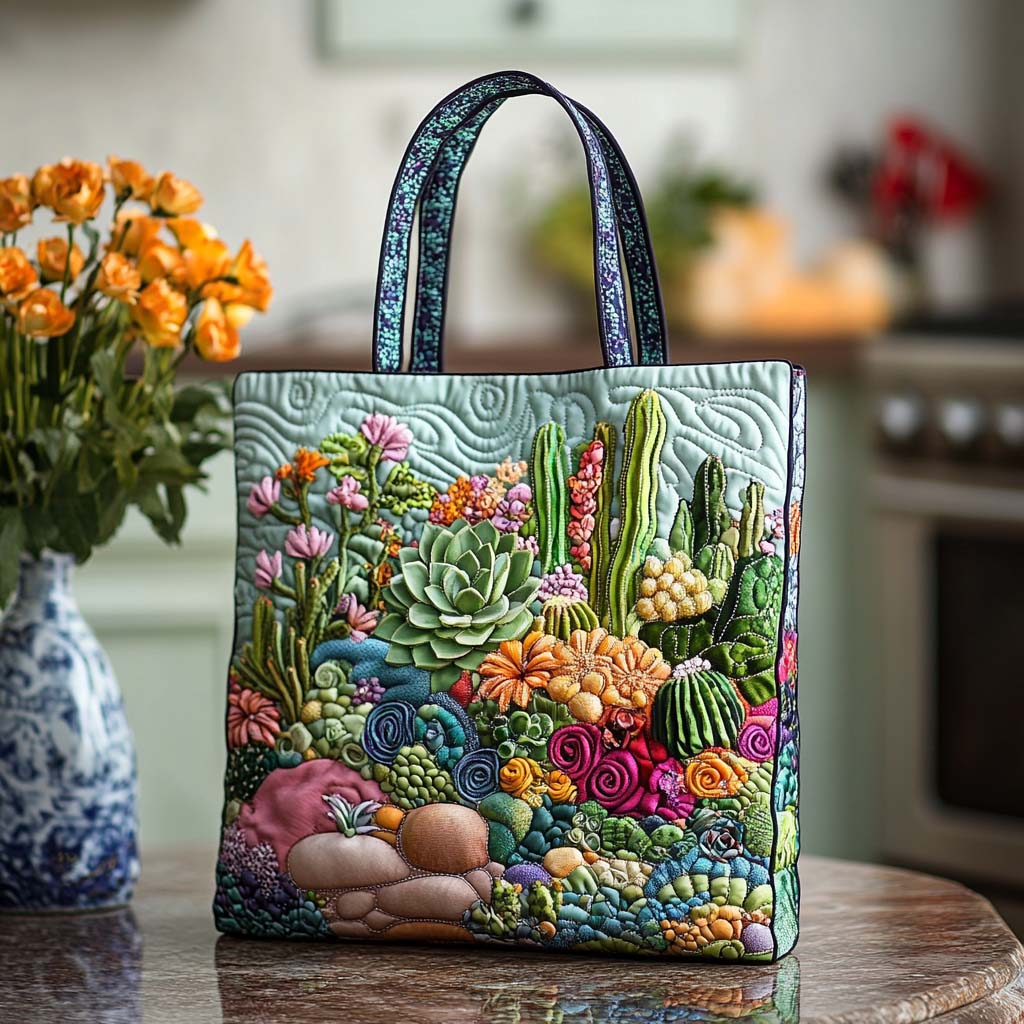 Desert Cactus Bloom Quilted Tote Bag Cactus Birthday Gift