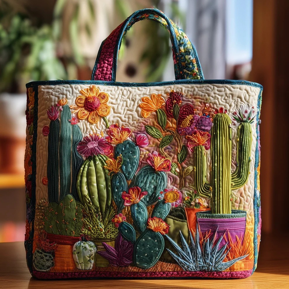Desert Cactus Flower Garden Quilted Tote Bag Boho Nature Lover Botanical Colorful Outdoor Gift For Her