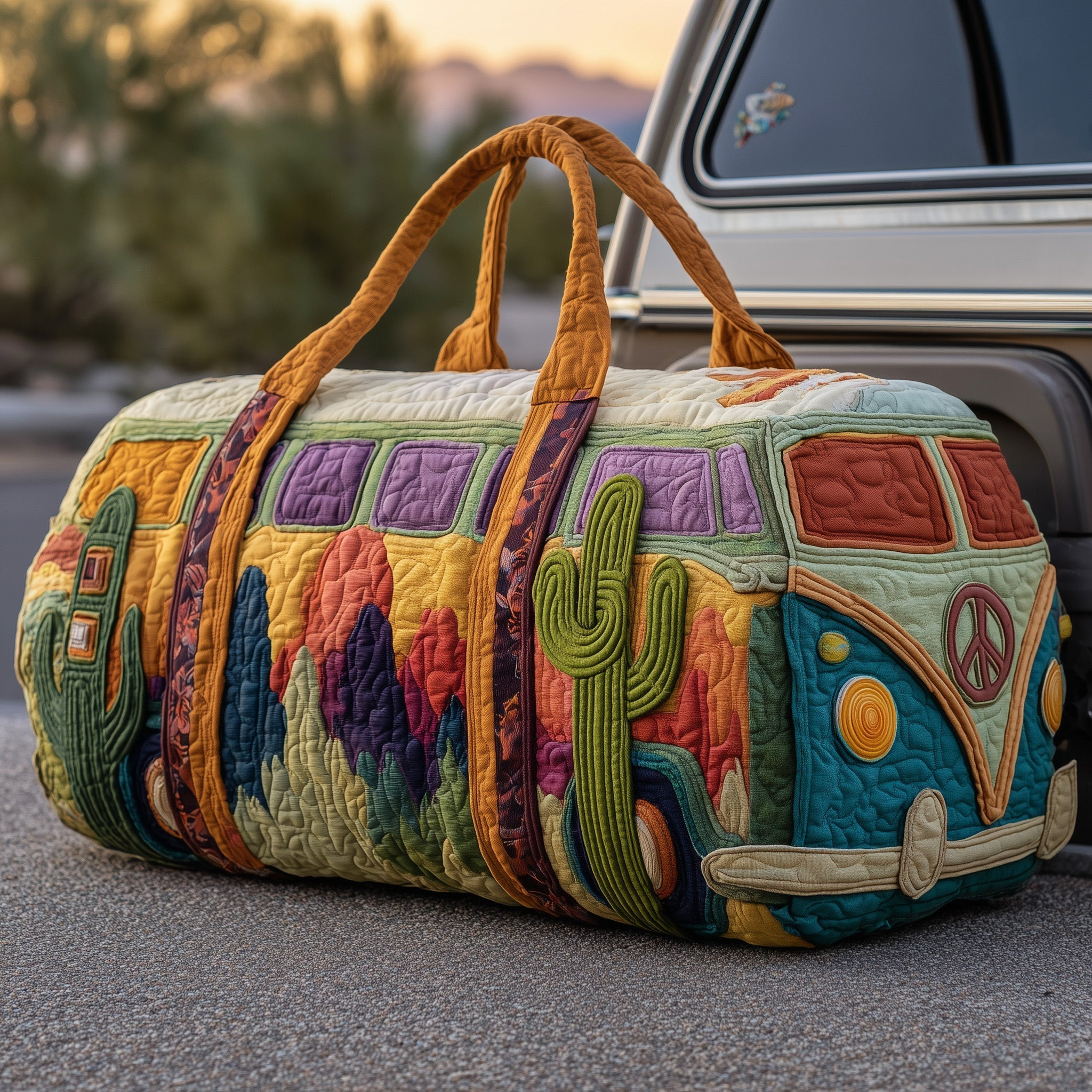 Desert Cactus Hippie Van Quilted Duffle Bag Colorful Southwest Boho Travel Gift