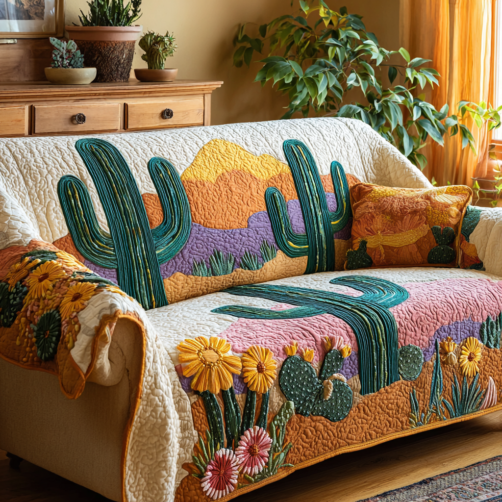 Desert Cactus Quilted Sofa Cover Sofa Chaise Cover Cactus Gifts For Him