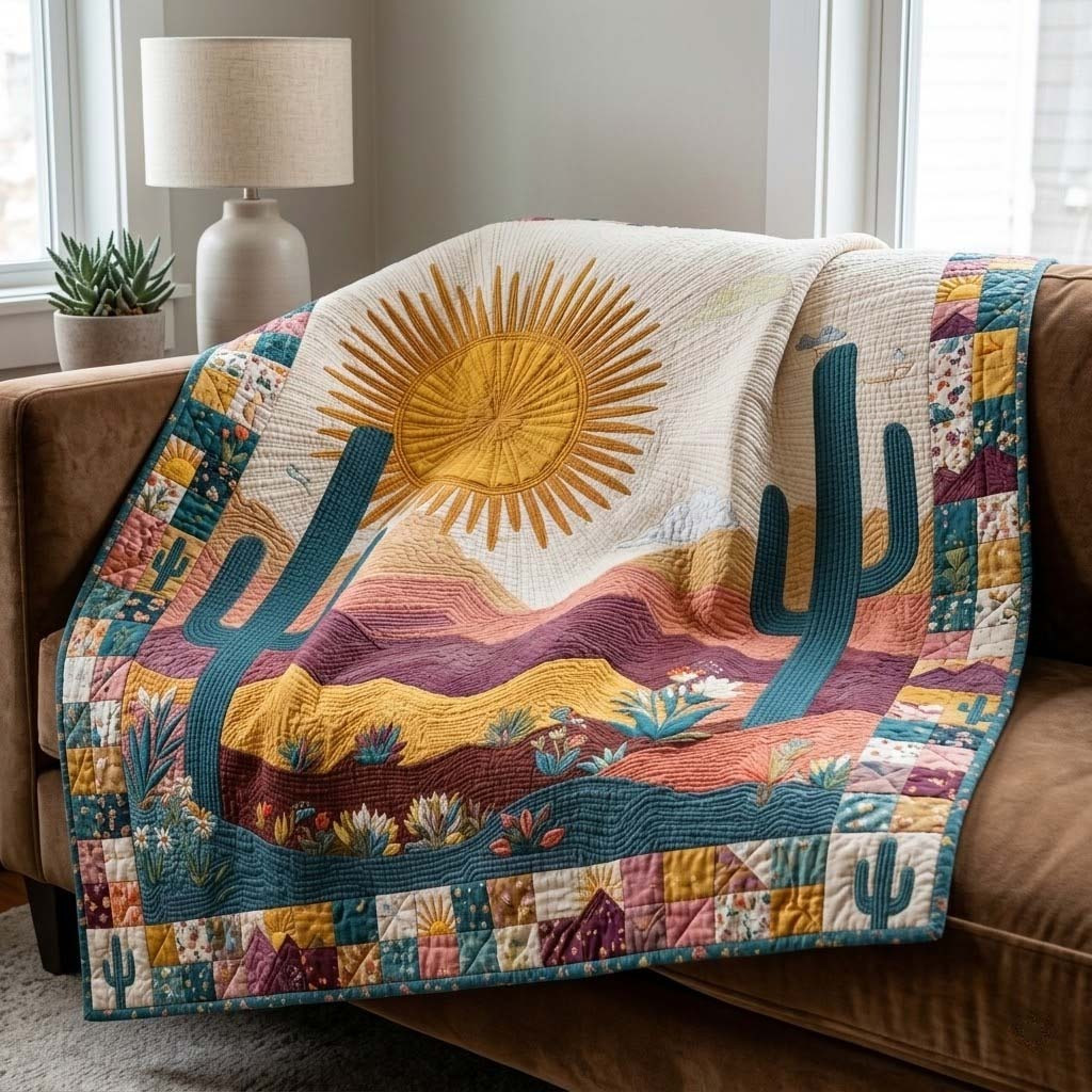 Desert Cactus Sunrise Quilted Blanket Southwest Boho Decor Best Gift For Nature Lover