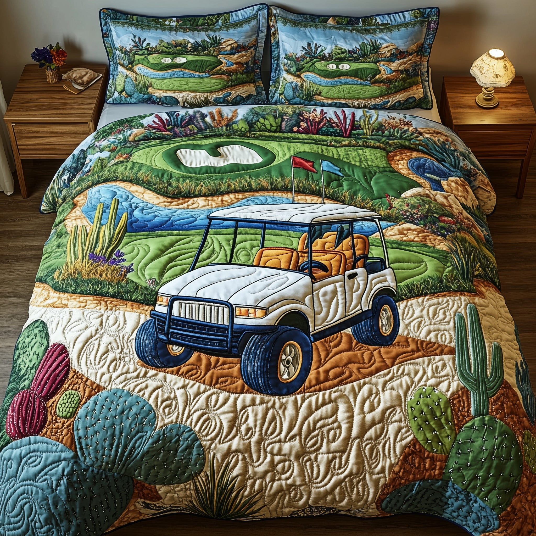 Desert Fairway Dreams Quilted Bedding Set Duvet Cover Bedspread Succulent Gift For Him Her