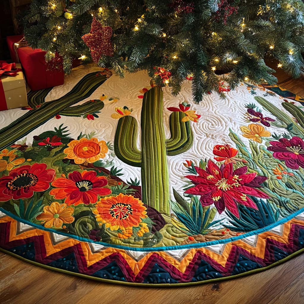 Desert Green Christmas Quilted Tree Skirt Nature Design Cactus Collector Christmas Gifts