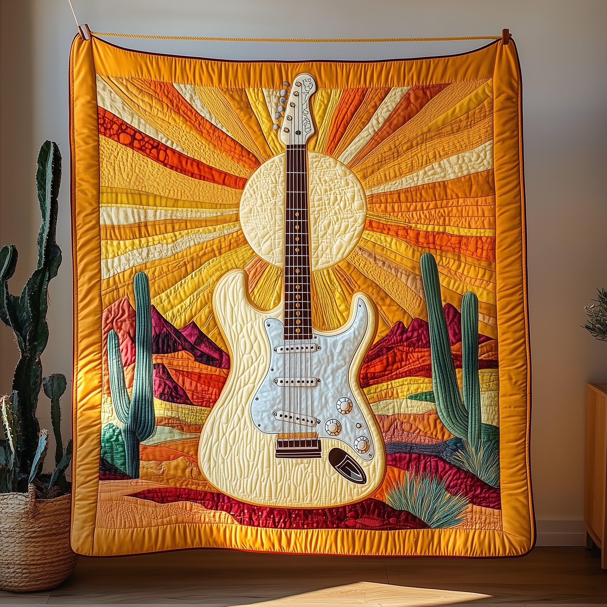 Desert Guitar Quilted Blanket Cute Soft BlanketGift Ideas For Guitar Players