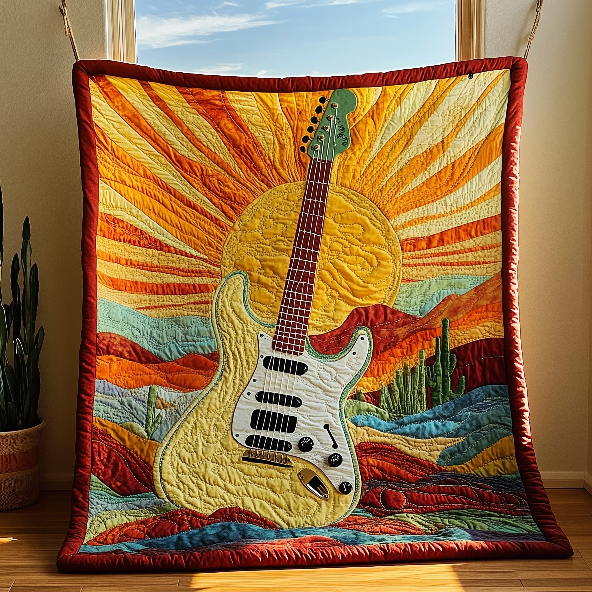 Desert Guitar Quilted Blanket Cute Soft BlanketUnique Gifts For Guitar Players