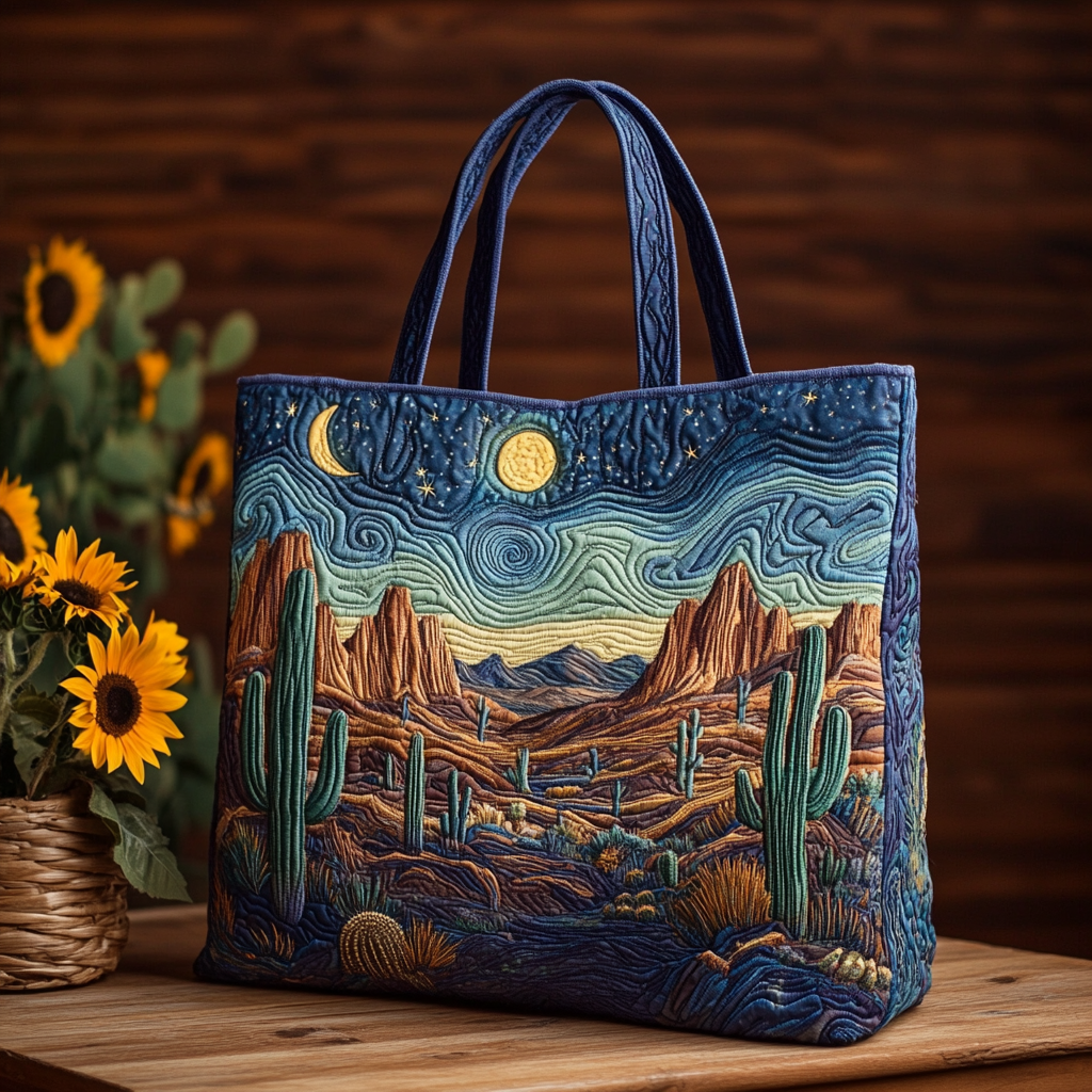Desert Moonrise Quilted Tote Bag Gifts For Cactus Lovers