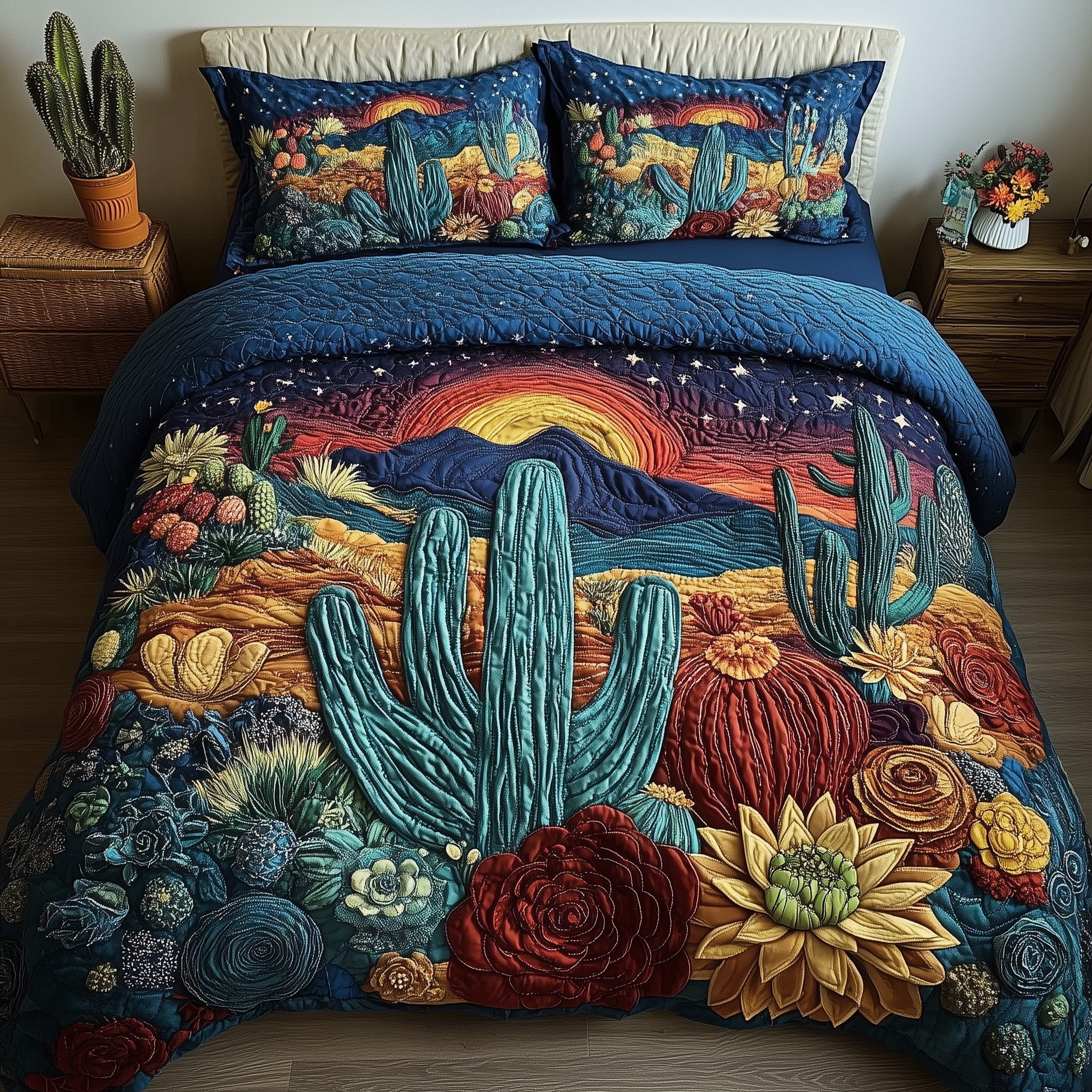 Desert Nights Quilted Bedding Set Duvet Cover Bedspread Cactus Gifts For Her