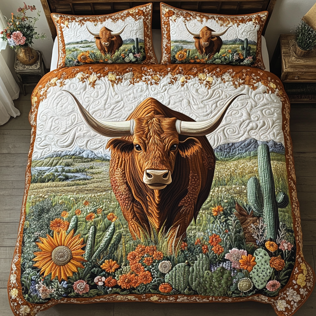 Desert Spirit Quilted Bedding Set Aesthetic Room Decor Best Highland Cattle Gifts Items