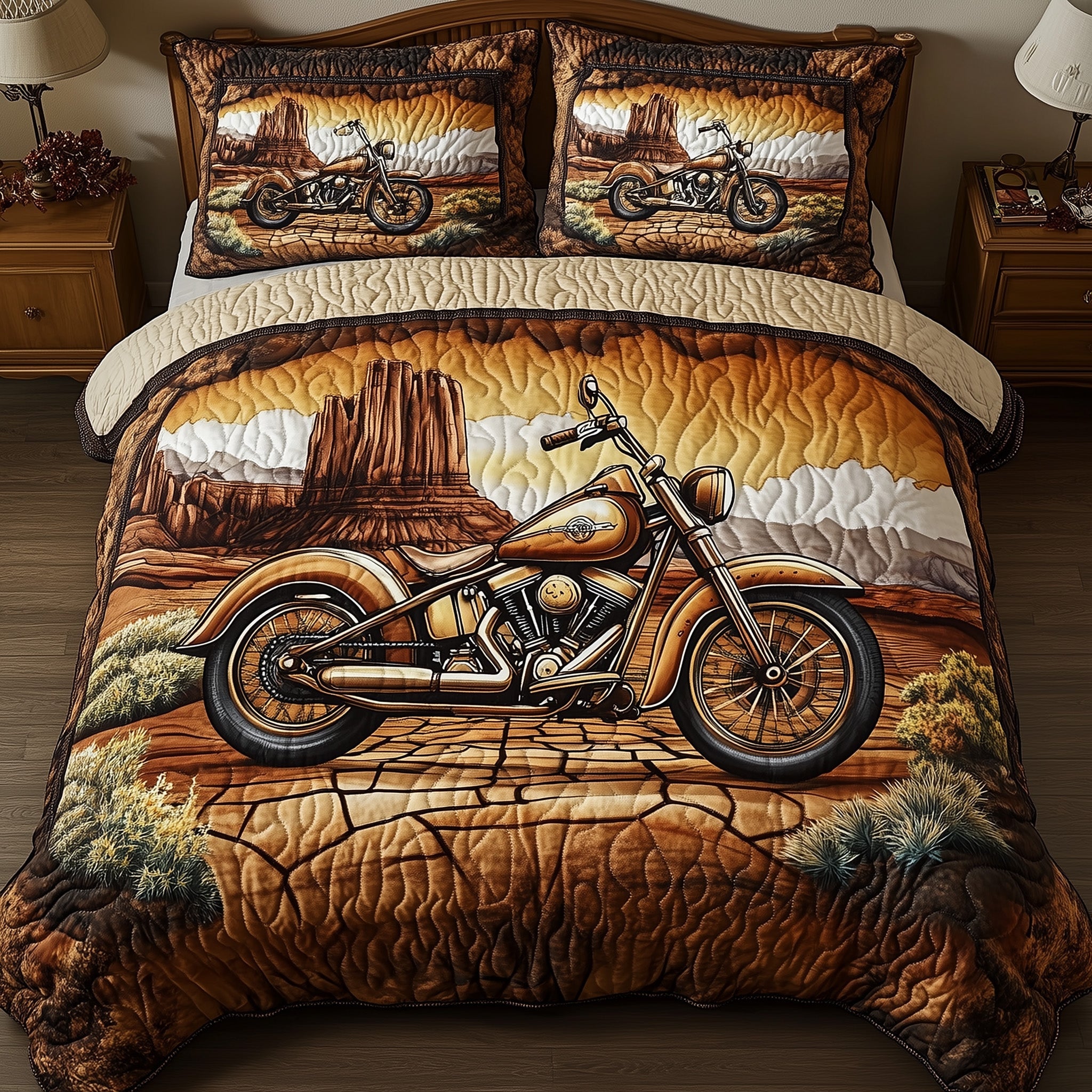 Desert Steel Ride Quilted Bedding Set Duvet Cover Merchandise Gifts For Motorbike Lovers