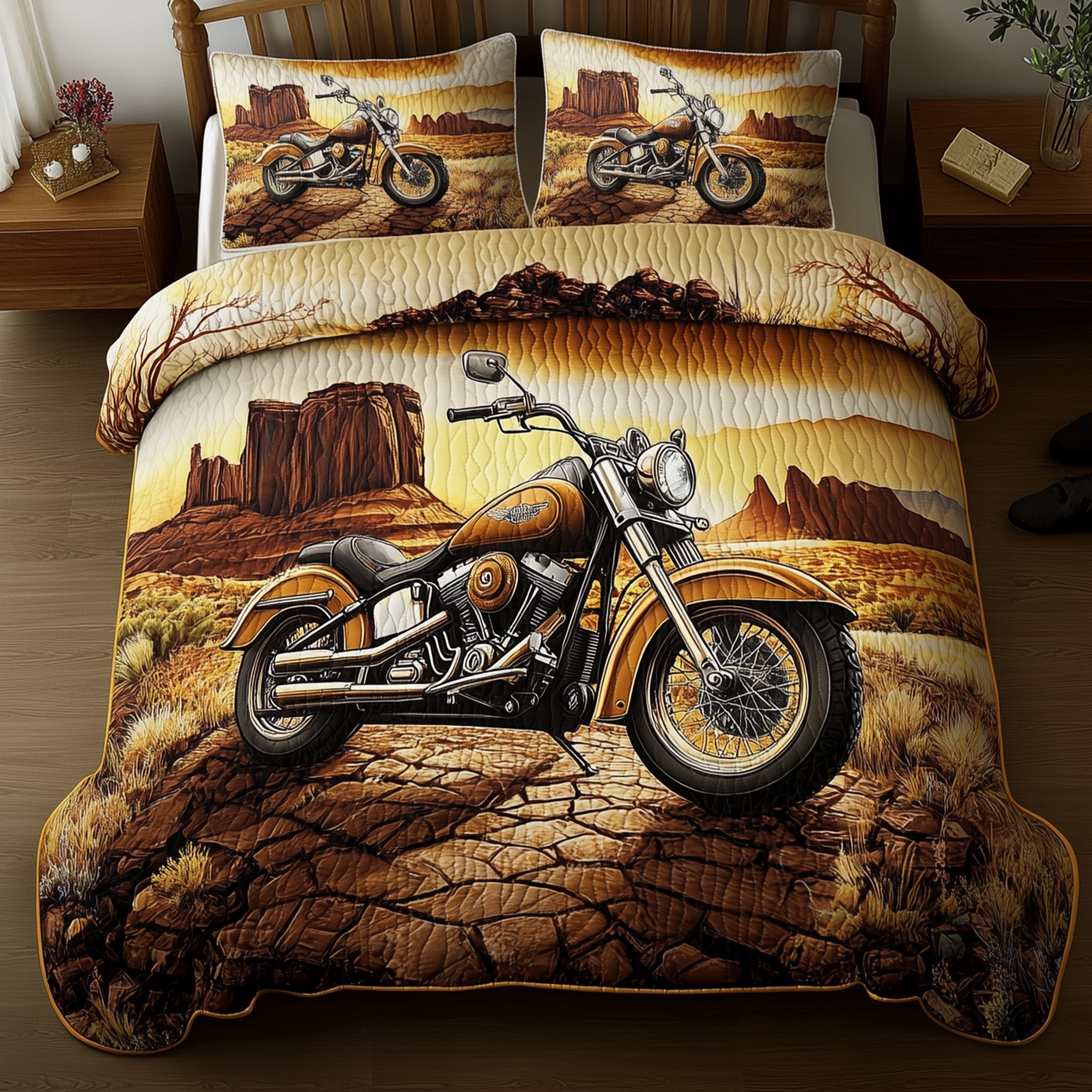 Desert Steel Ride Quilted Bedding Set Duvet Cover Merchandise Motorcycle Related Gifts
