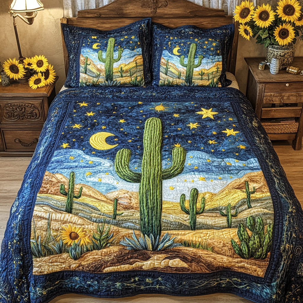 Desert Vibes Quilted Bedding Set Best Bed Sheet Set Cactus Birthday Gift