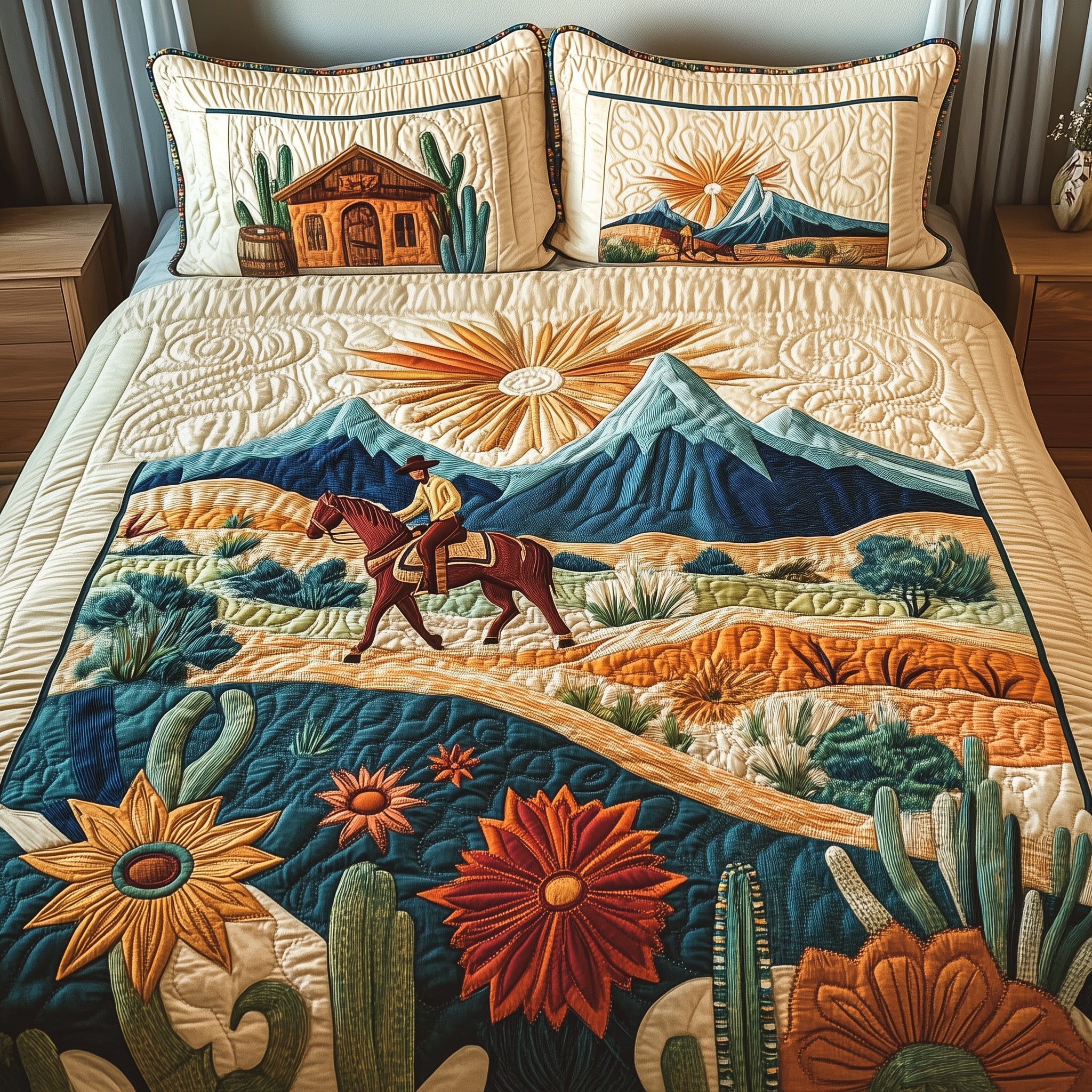 Desert View Quilted Bedding Set Duvet Cover Bedspread Western Theme Ornaments
