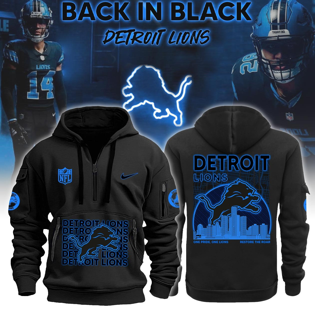 Detroit Lions Back In Black Quarter Zip Hoodie NFL Merch Gifts For Detroit Lions Fans
