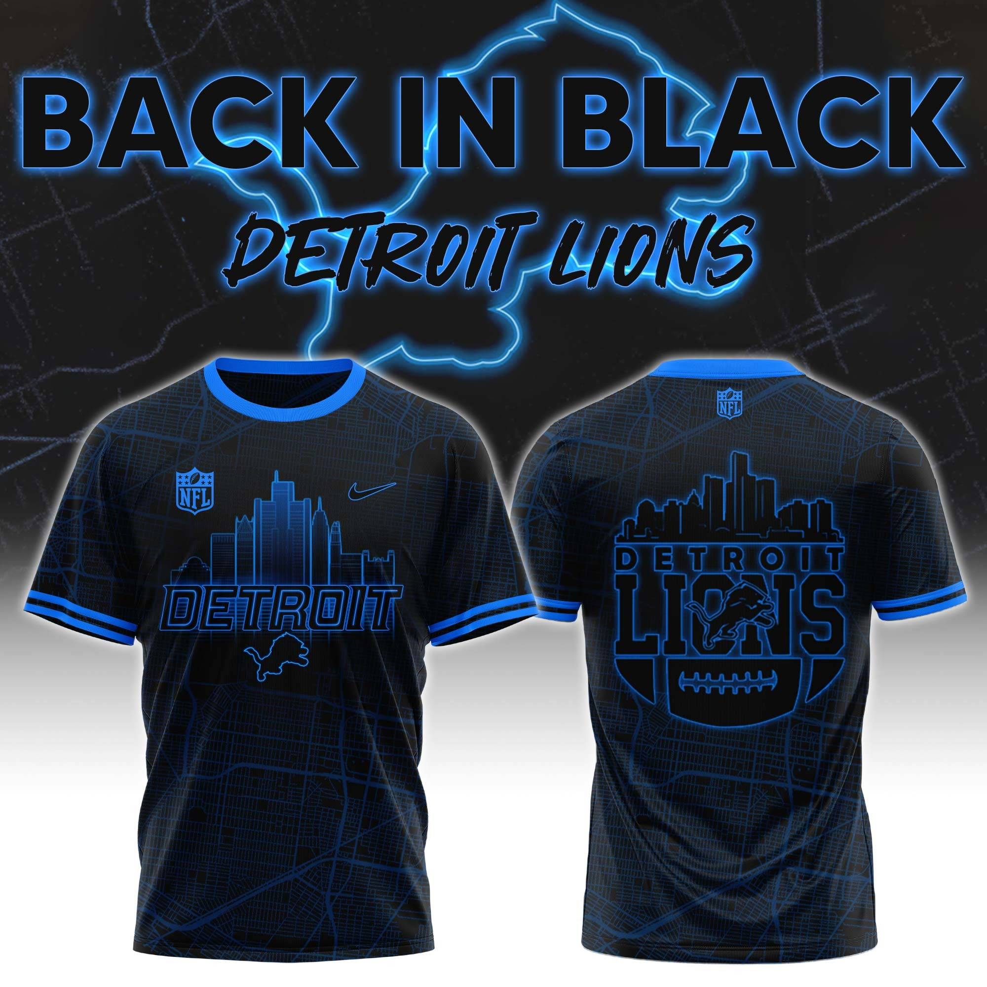 Detroit Lions Back In Black T-Shirt NFL Merch Gifts For Detroit Lions Fans For Him